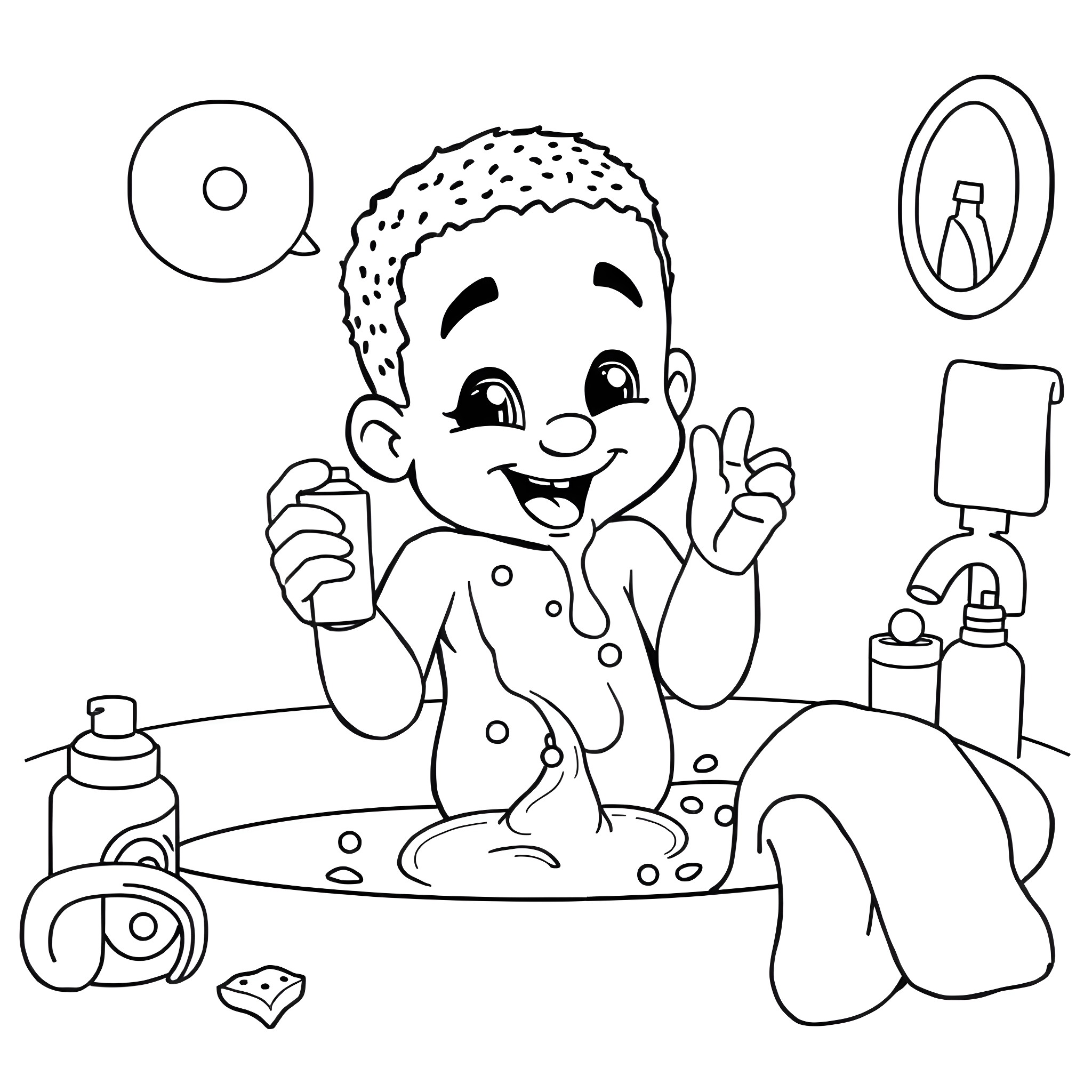 Diddy enjoys bath time with toys and bubbles Coloring Page (free black-and-white line drawing printable PDF for all, from beginners to advanced learners, including children, teens, adults, and seniors)