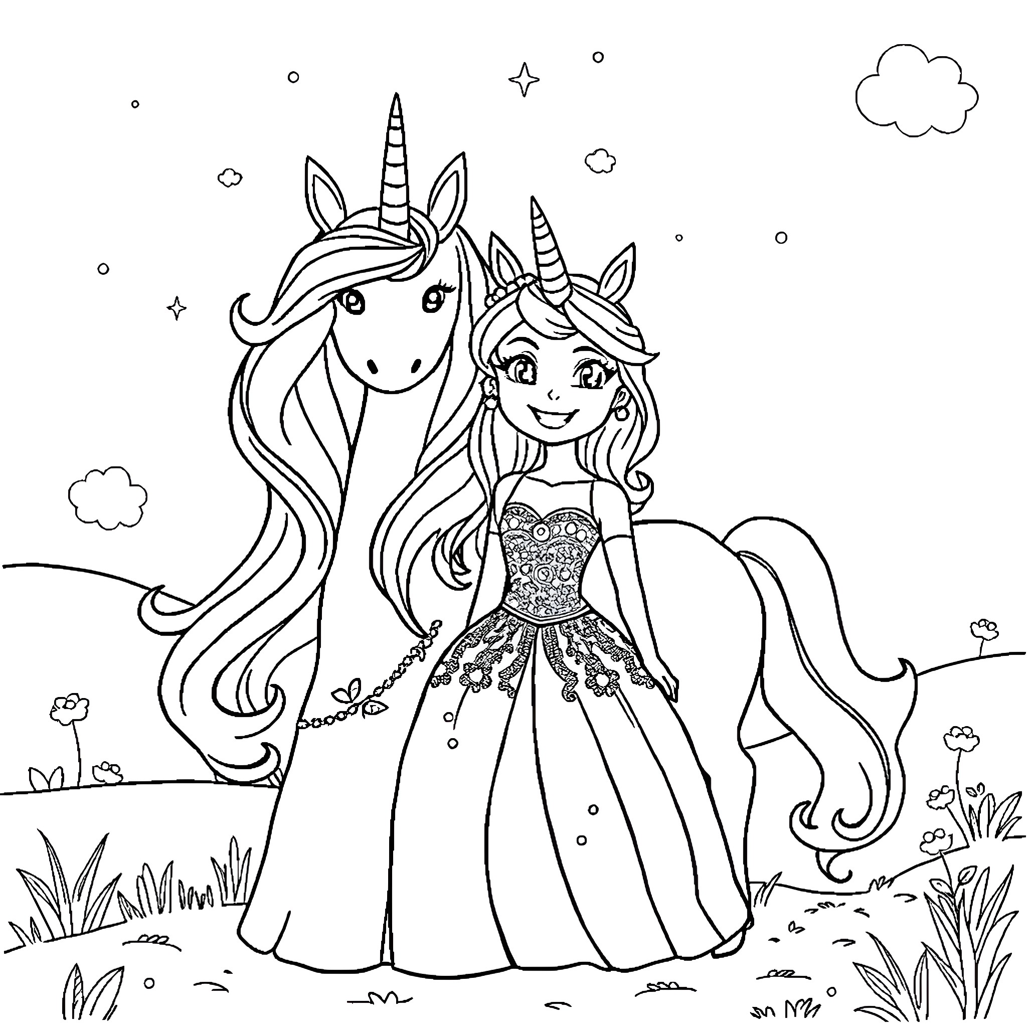 Princess and her Magical Unicorn Companion Coloring Page (free black-and-white line drawing printable PDF for all, from beginners to advanced learners, including children, teens, adults, and seniors)