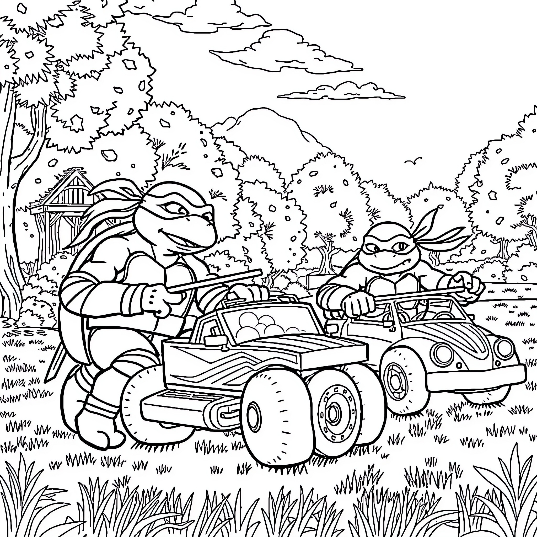 Teenage Mutant Ninja Turtles driving off-road vehicles in the forest Coloring Page (free black-and-white line drawing printable PDF for all, from beginners to advanced learners, including children, teens, adults, and seniors)