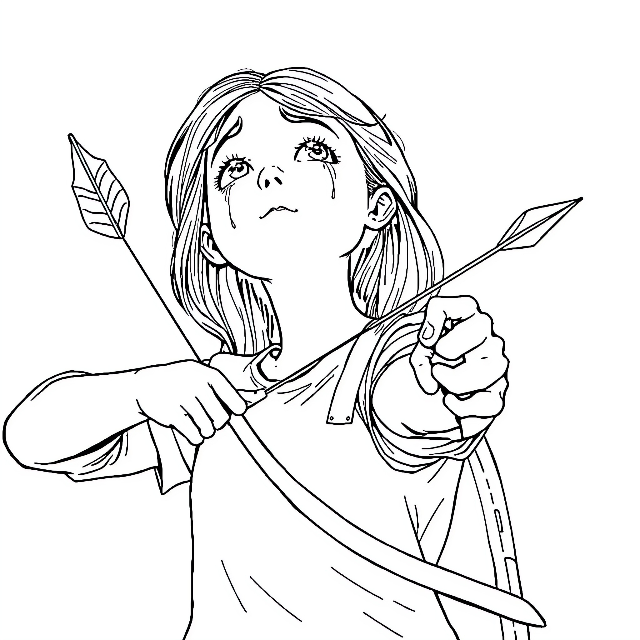Teen Girl Drawing Bow and Arrow Coloring Page (free black-and-white line drawing printable PDF for all, from beginners to advanced learners, including children, teens, adults, and seniors)