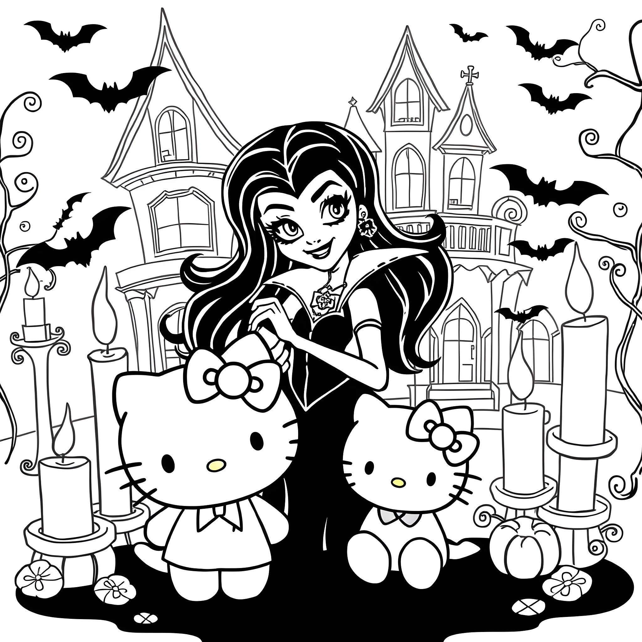 Draculaura's Halloween Adventure Coloring Page (free black-and-white line drawing printable PDF for all, from beginners to advanced learners, including children, teens, adults, and seniors)