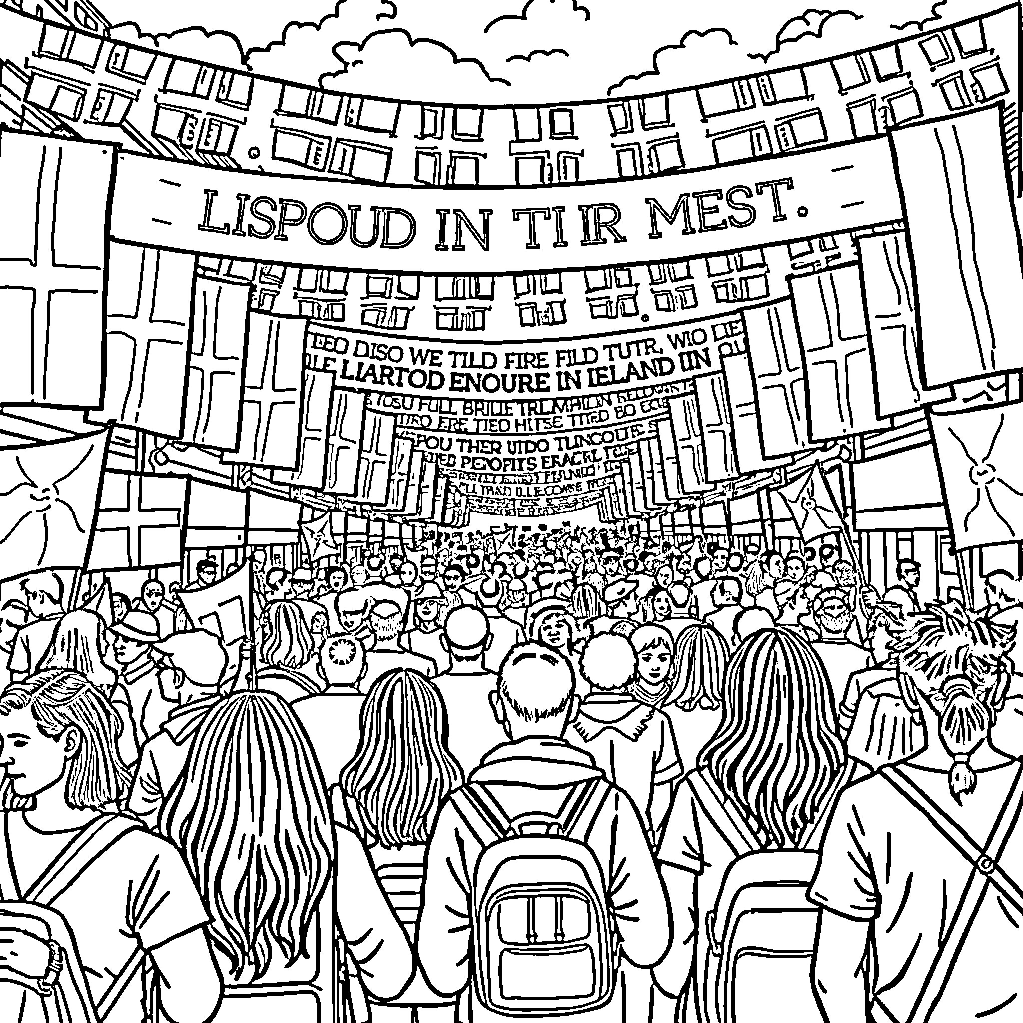 Diversity in collective protest through unified actions Coloring Page (free black-and-white line drawing printable PDF for all, from beginners to advanced learners, including children, teens, adults, and seniors)
