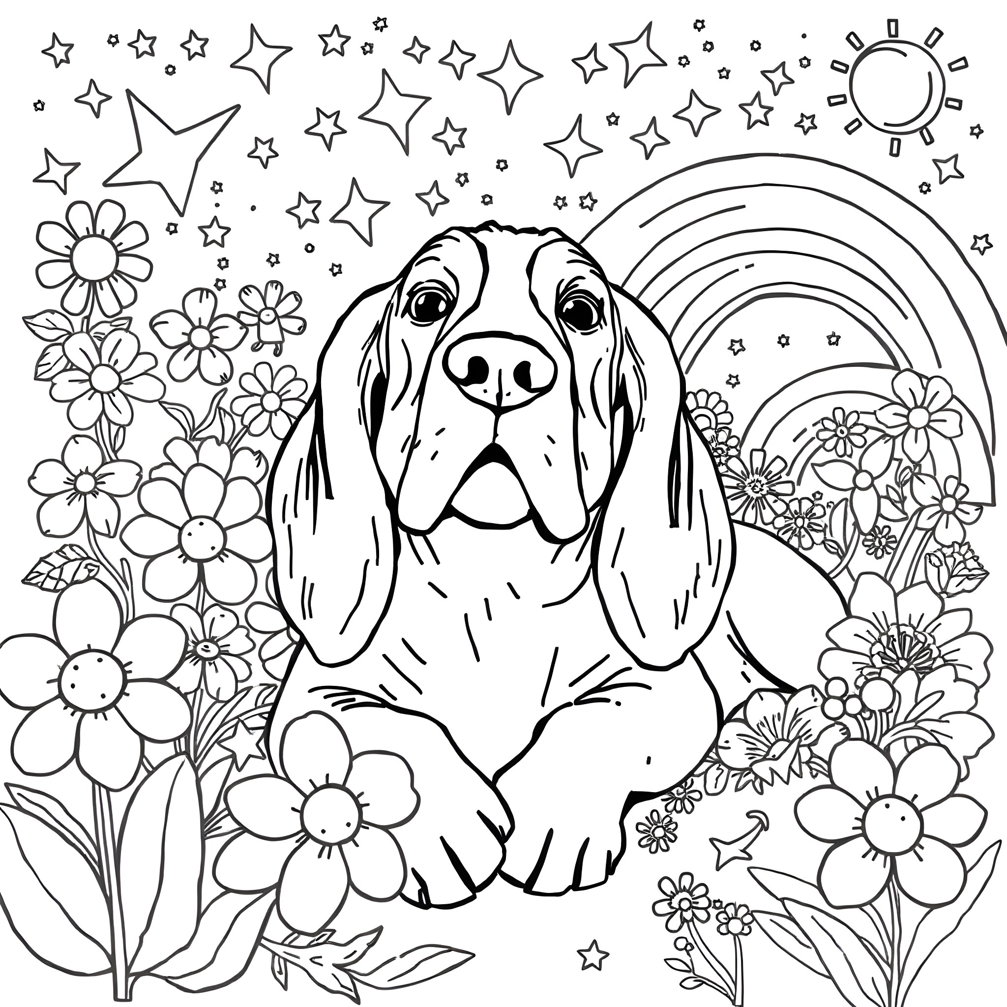 Basset Hound surrounded by flowers and stars Coloring Page (free black-and-white line drawing printable PDF for all, from beginners to advanced learners, including children, teens, adults, and seniors)