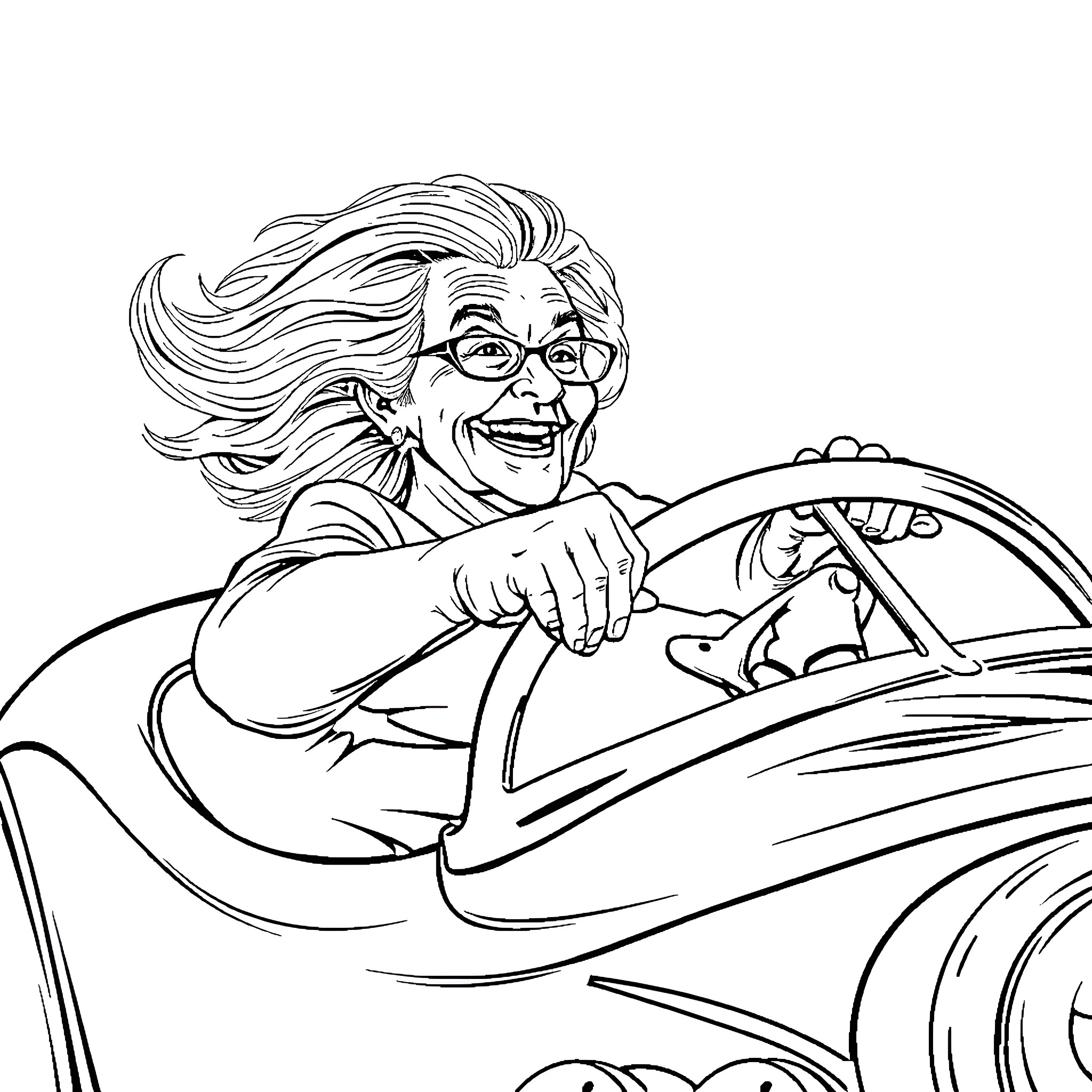 Granny driving happily in her vintage car Coloring Page (free black-and-white line drawing printable PDF for all, from beginners to advanced learners, including children, teens, adults, and seniors)