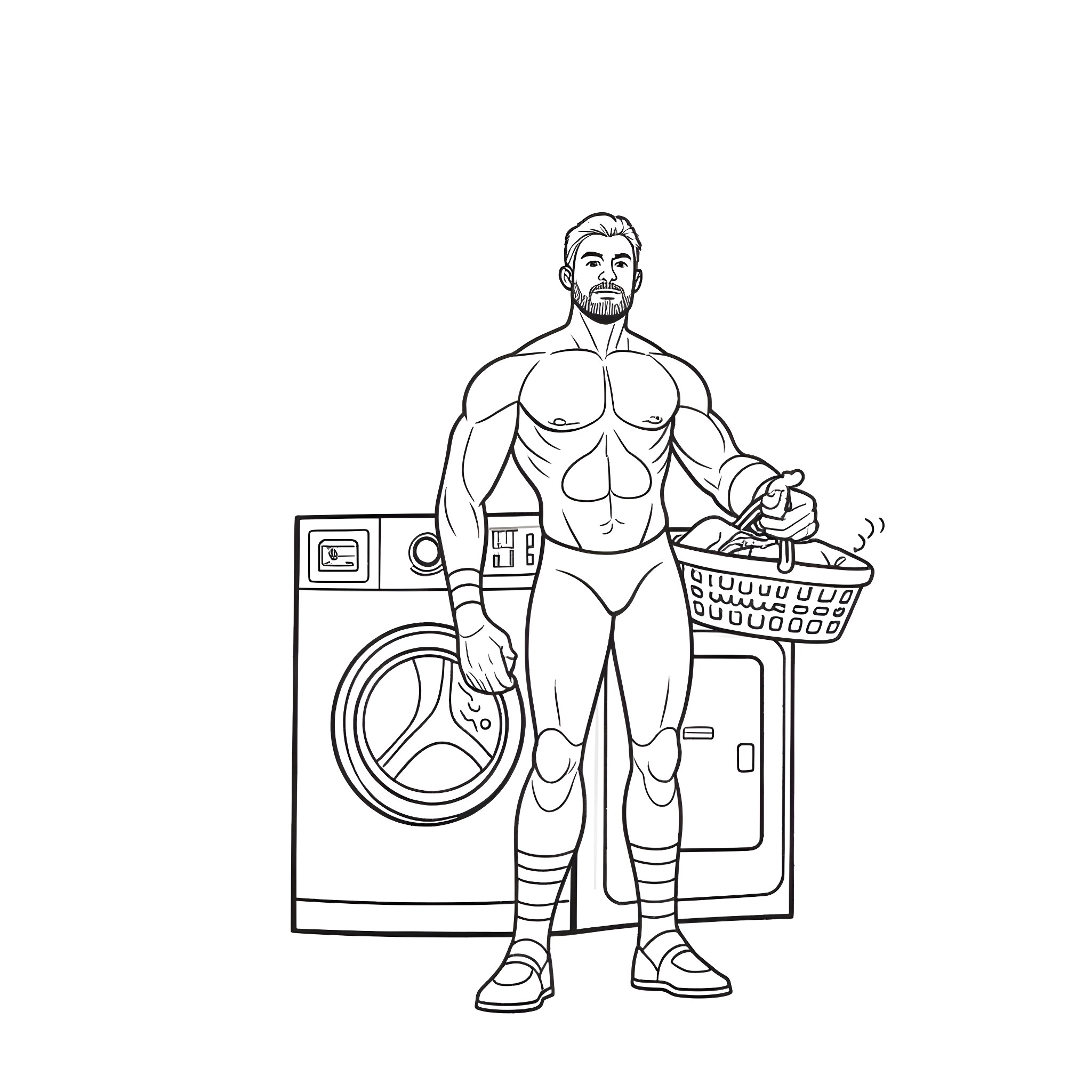 Wrestler doing laundry in the gym Coloring Page (free black-and-white line drawing printable PDF for all, from beginners to advanced learners, including children, teens, adults, and seniors)