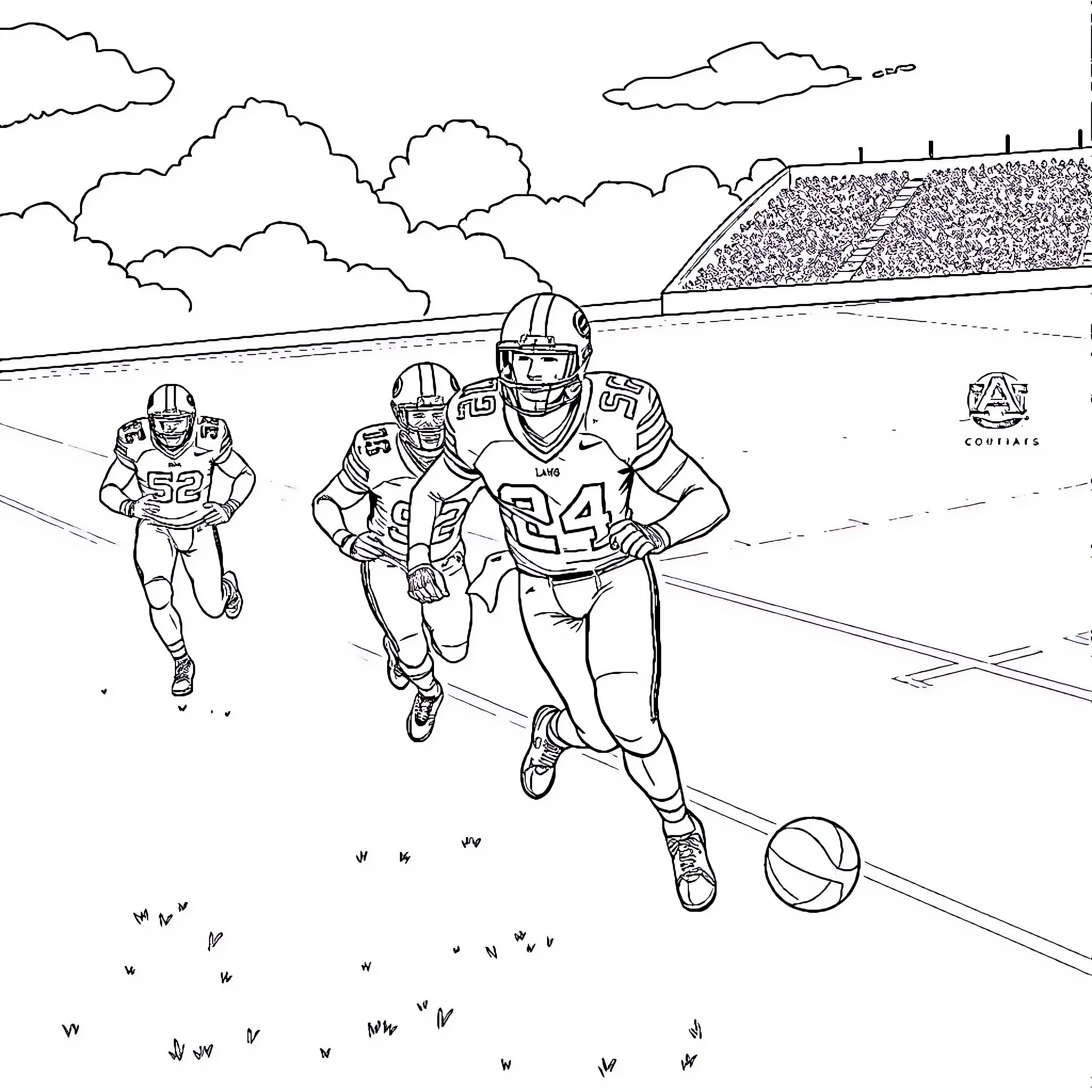 Football players in action on the field Coloring Page (free black-and-white line drawing printable PDF for all, from beginners to advanced learners, including children, teens, adults, and seniors)