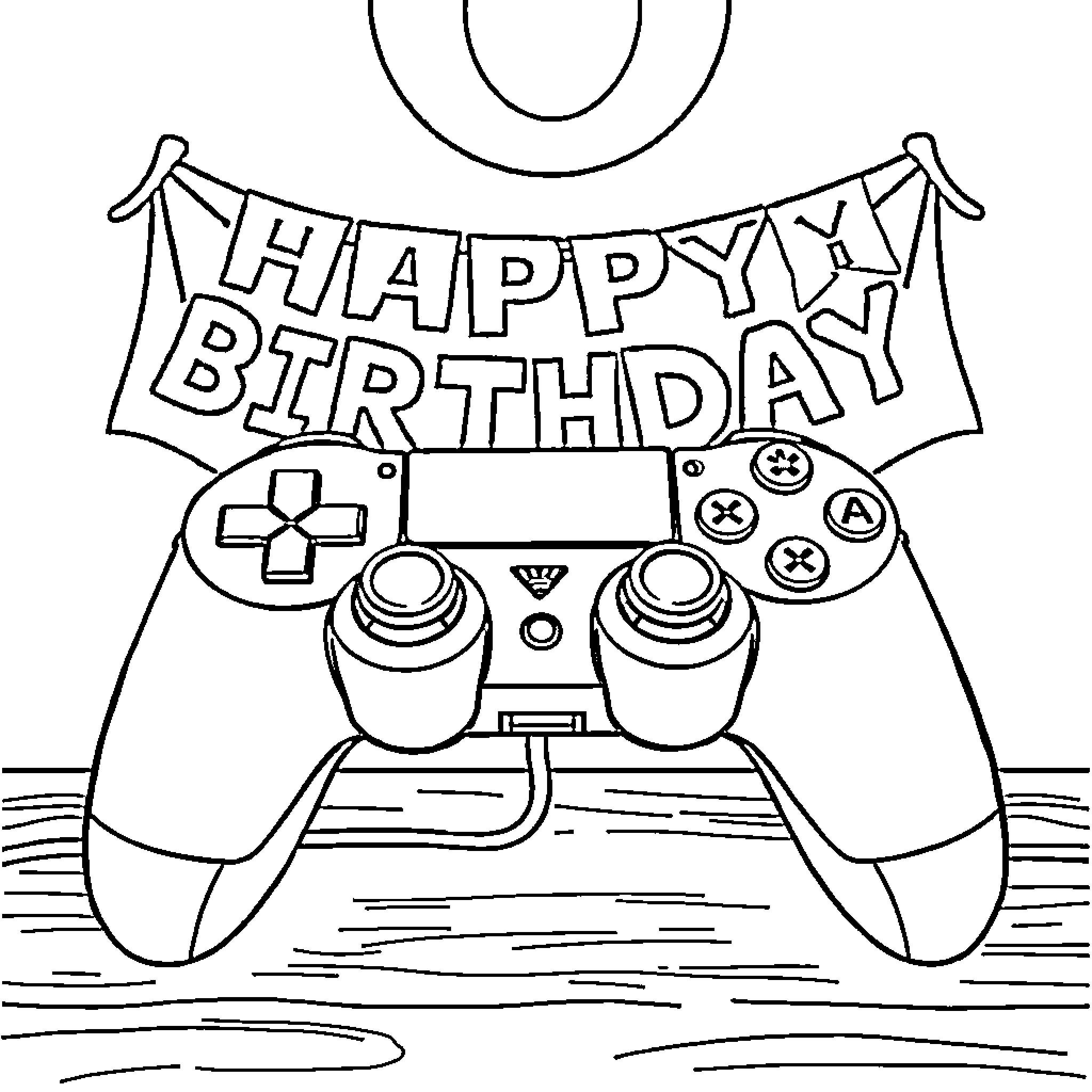 Gaming Controller Happy Birthday Celebration Coloring Page (free black-and-white line drawing printable PDF for all, from beginners to advanced learners, including children, teens, adults, and seniors)