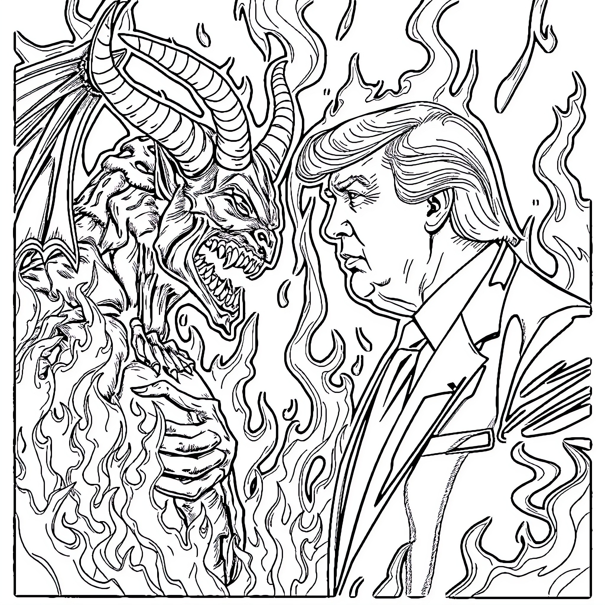 Trump Confronting Demonic Entity in Surreal Scene Coloring Page (free black-and-white line drawing printable PDF for all, from beginners to advanced learners, including children, teens, adults, and seniors)