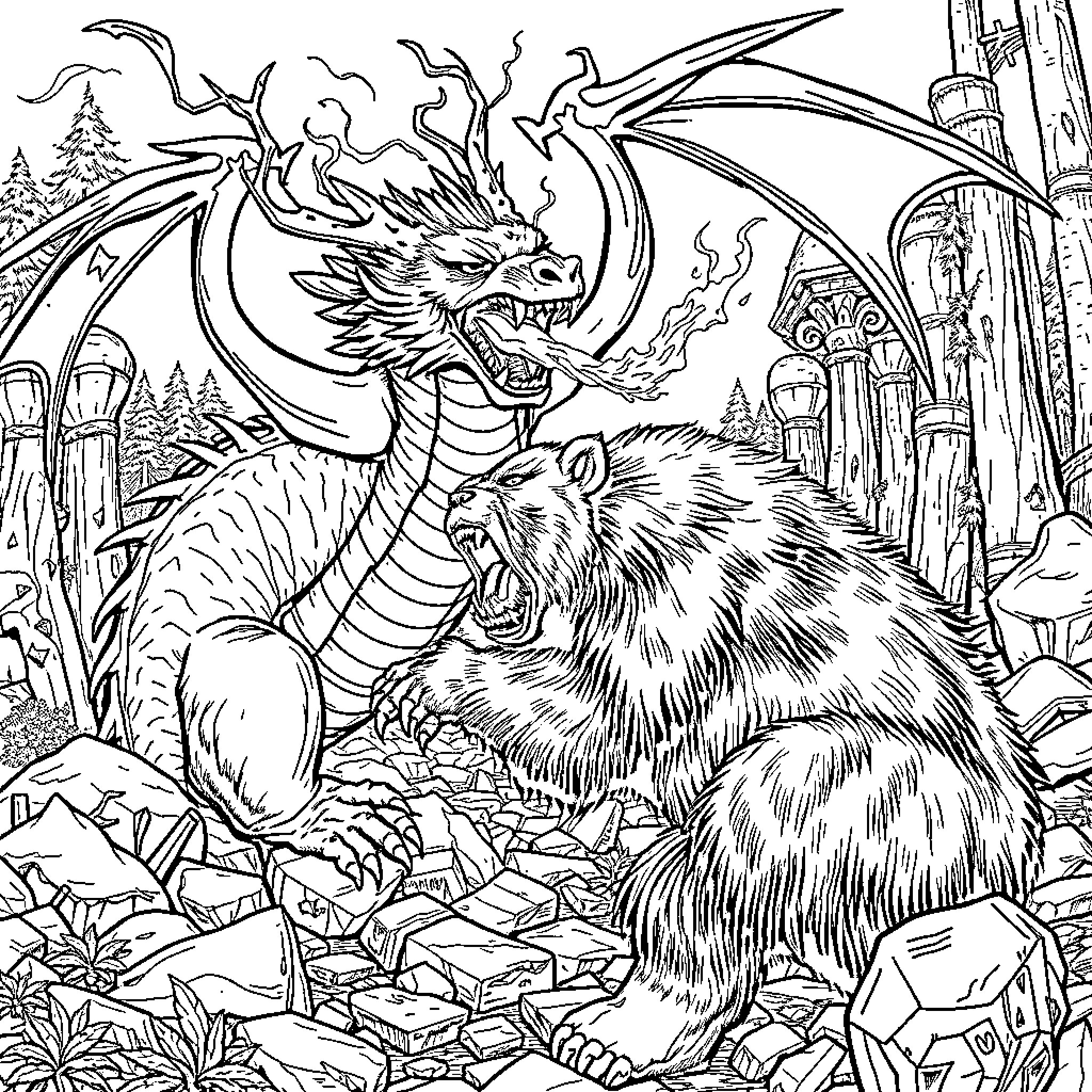 Dragon battling a fierce bear in a fantasy landscape Coloring Page (free black-and-white line drawing printable PDF for all, from beginners to advanced learners, including children, teens, adults, and seniors)