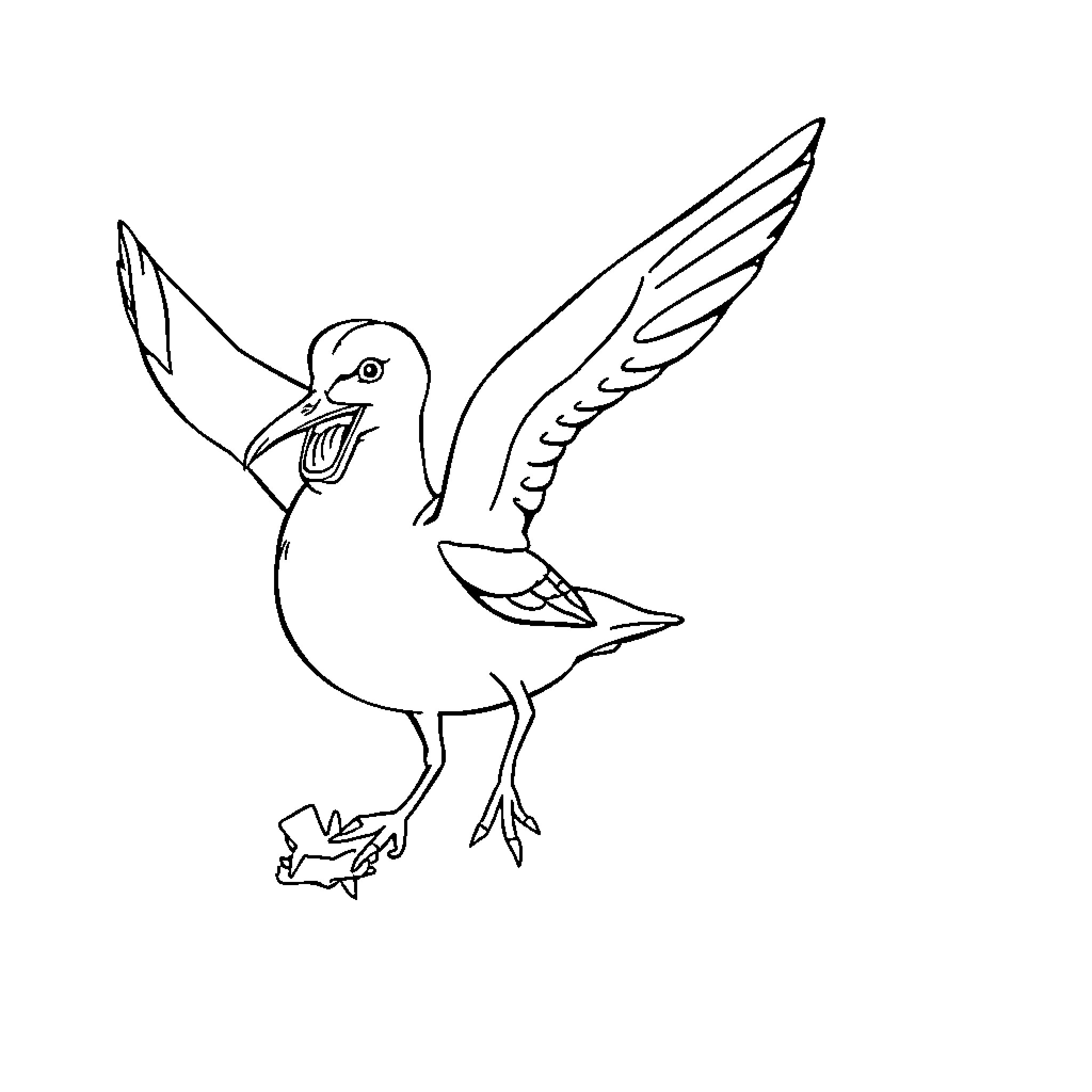Seagull with wings spread and beak open Coloring Page (free black-and-white line drawing printable PDF for all, from beginners to advanced learners, including children, teens, adults, and seniors)