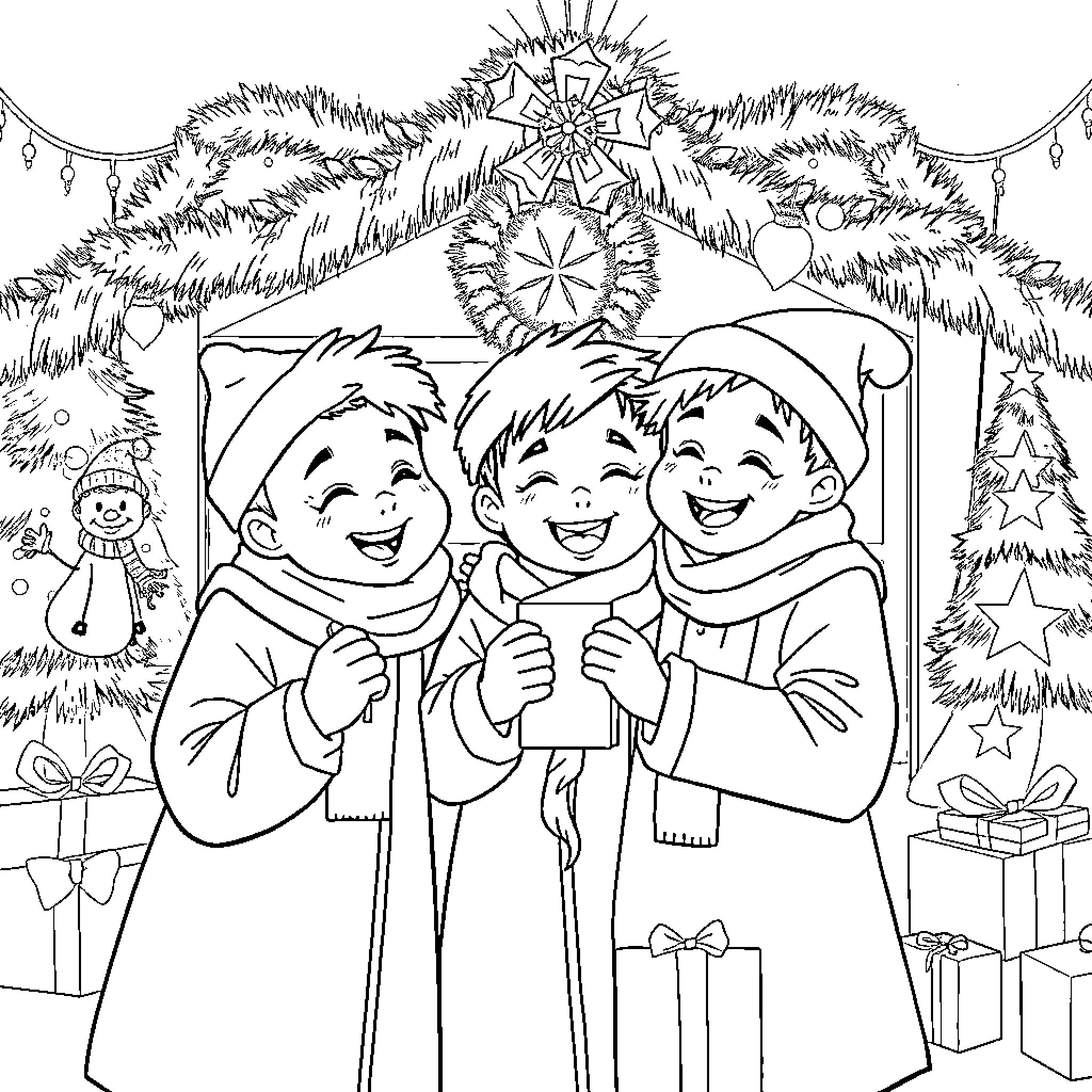 Saja Boy Christmas Celebration with Friends Coloring Page (free black-and-white line drawing printable PDF for all, from beginners to advanced learners, including children, teens, adults, and seniors)