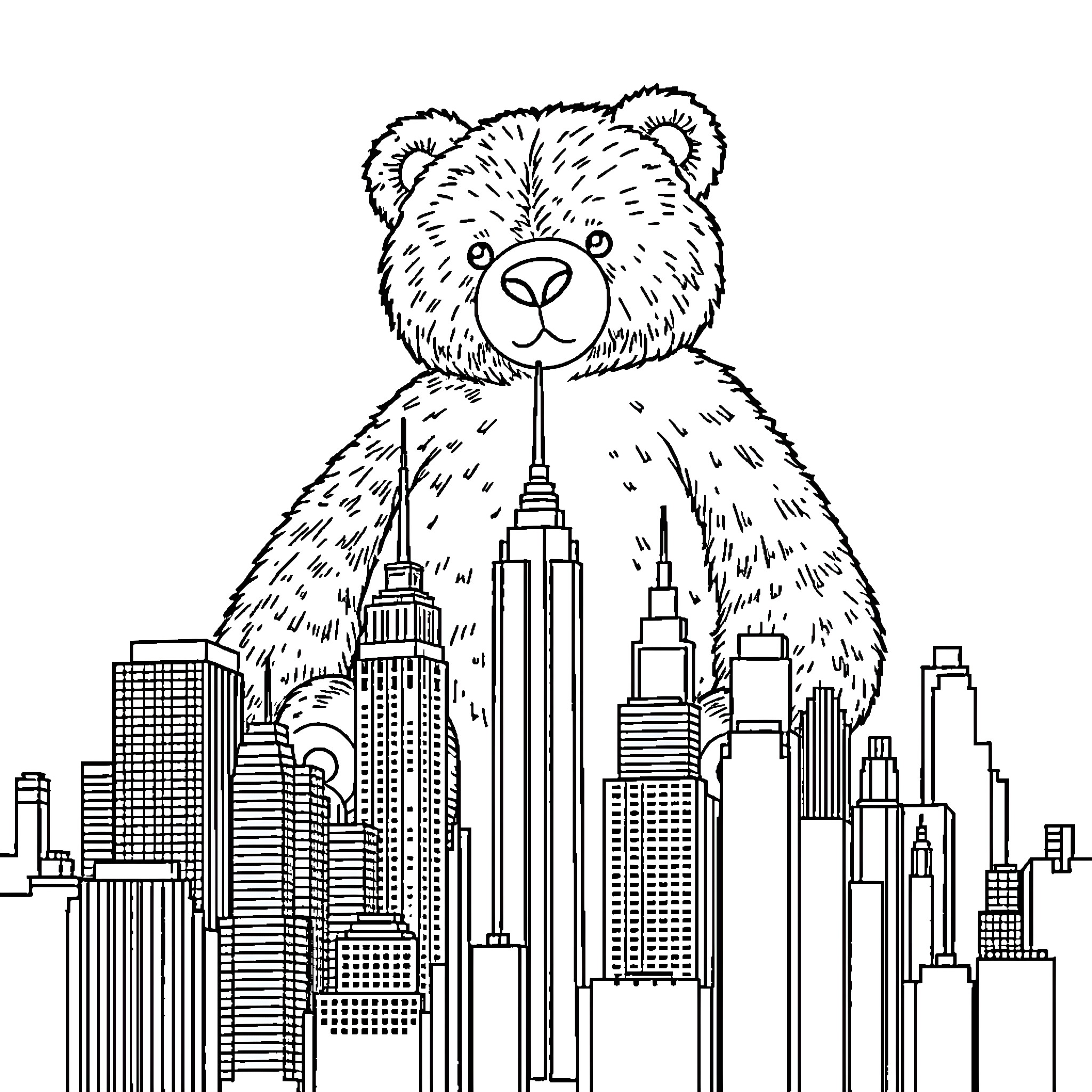 Teddy Bear Exploring the City Skyline Coloring Page (free black-and-white line drawing printable PDF for all, from beginners to advanced learners, including children, teens, adults, and seniors)
