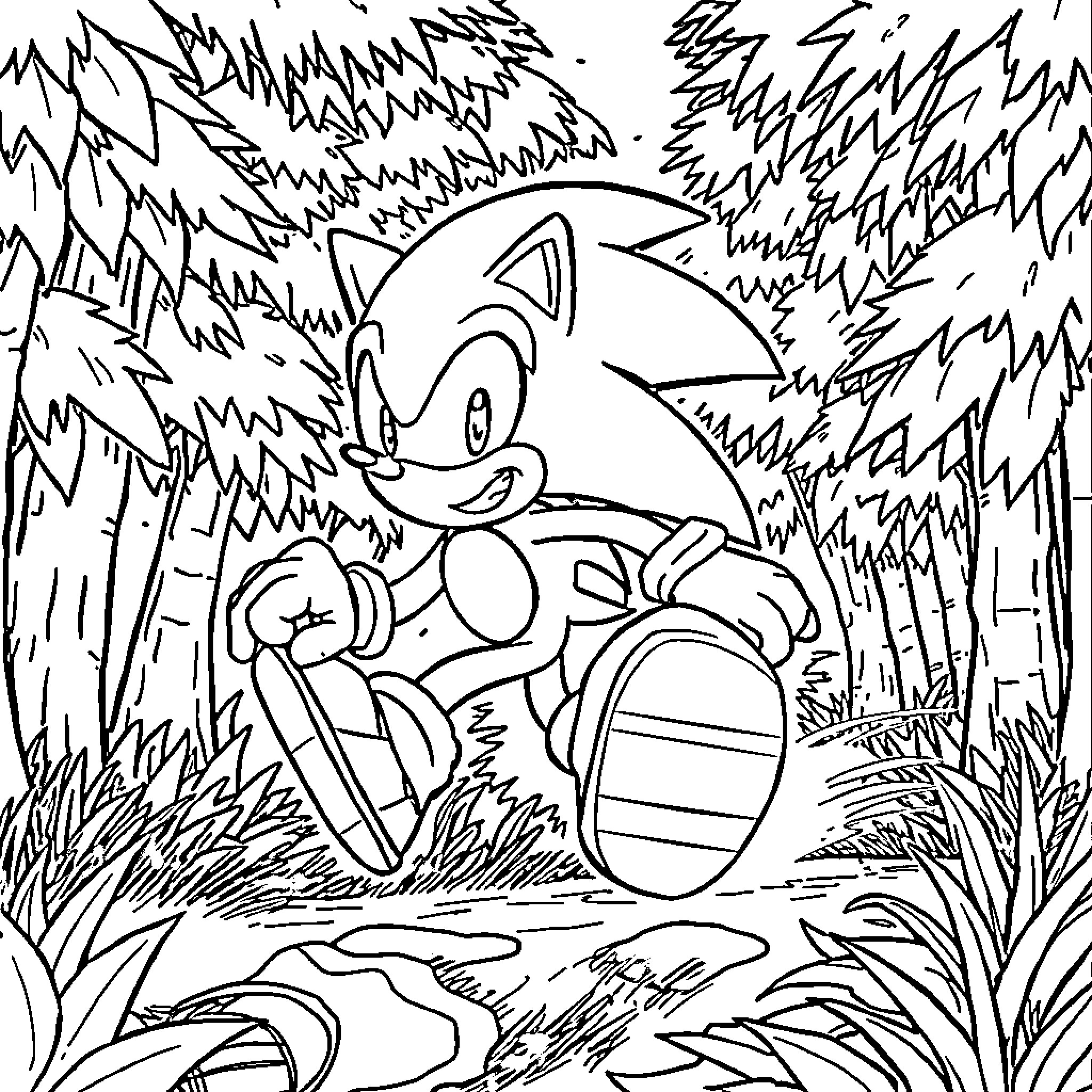 Sonic running energetically through a lush forest Coloring Page (free black-and-white line drawing printable PDF for all, from beginners to advanced learners, including children, teens, adults, and seniors)