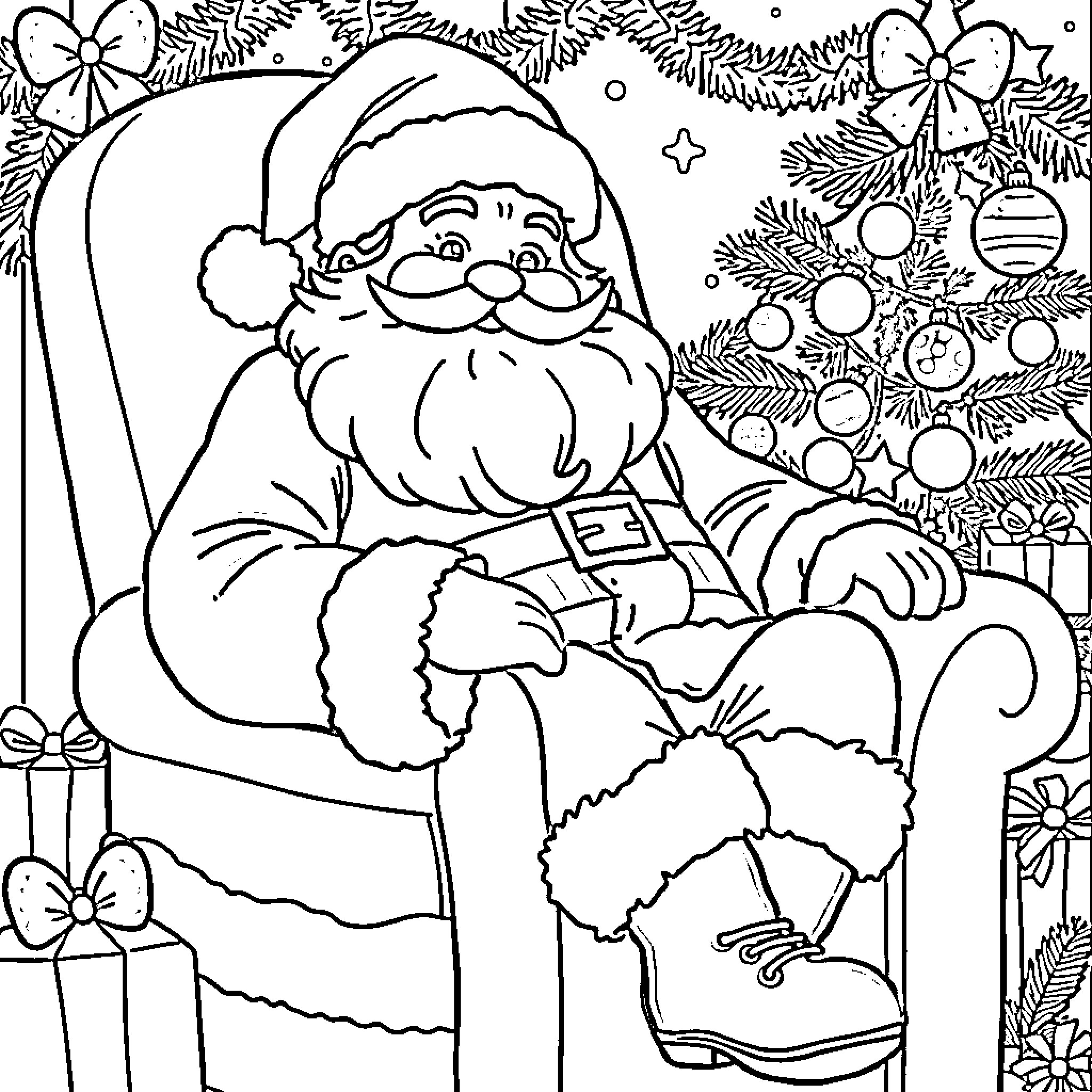 Santa Claus relaxing in his chair near a decorated Christmas tree Coloring Page (free black-and-white line drawing printable PDF for all, from beginners to advanced learners, including children, teens, adults, and seniors)