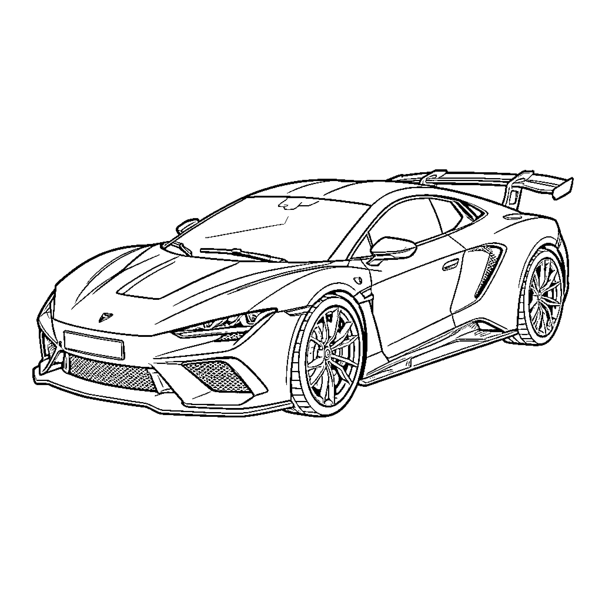 Futuristic Car parked on a plain surface Coloring Page (free black-and-white line drawing printable PDF for all, from beginners to advanced learners, including children, teens, adults, and seniors)