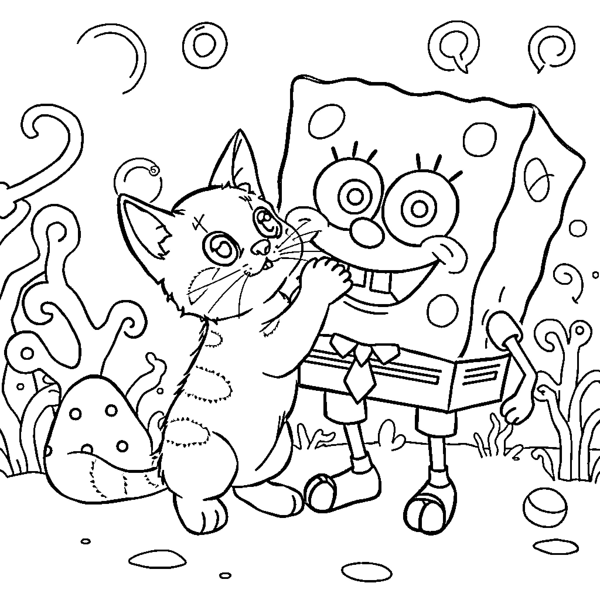 Cat and cartoon character reading together Coloring Page (free black-and-white line drawing printable PDF for all, from beginners to advanced learners, including children, teens, adults, and seniors)