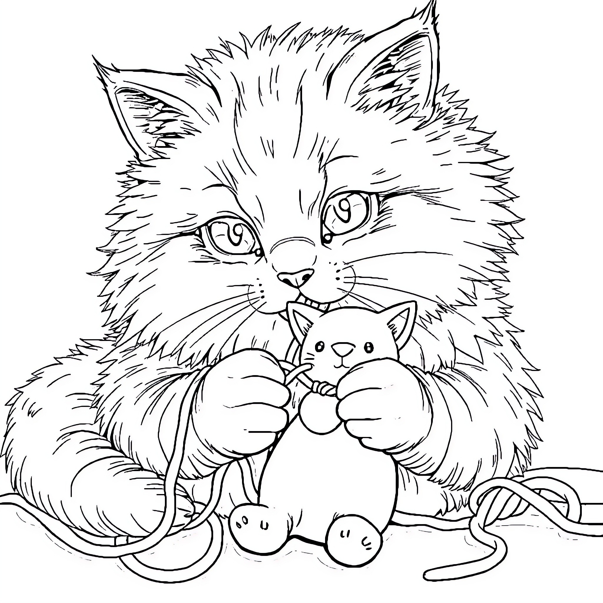 Cat protecting kittens from tangled yarn Coloring Page (free black-and-white line drawing printable PDF for all, from beginners to advanced learners, including children, teens, adults, and seniors)