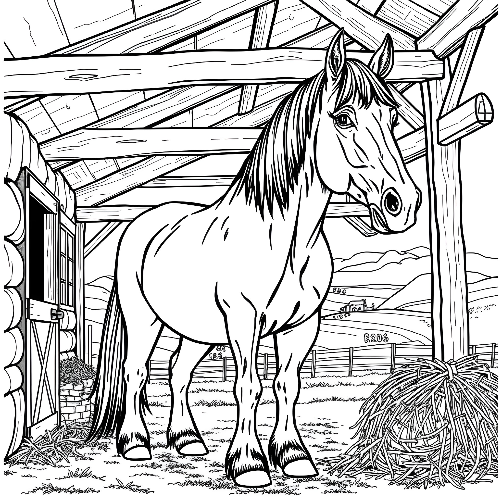 Clydesdale horse standing in a barn Coloring Page (free black-and-white line drawing printable PDF for all, from beginners to advanced learners, including children, teens, adults, and seniors)
