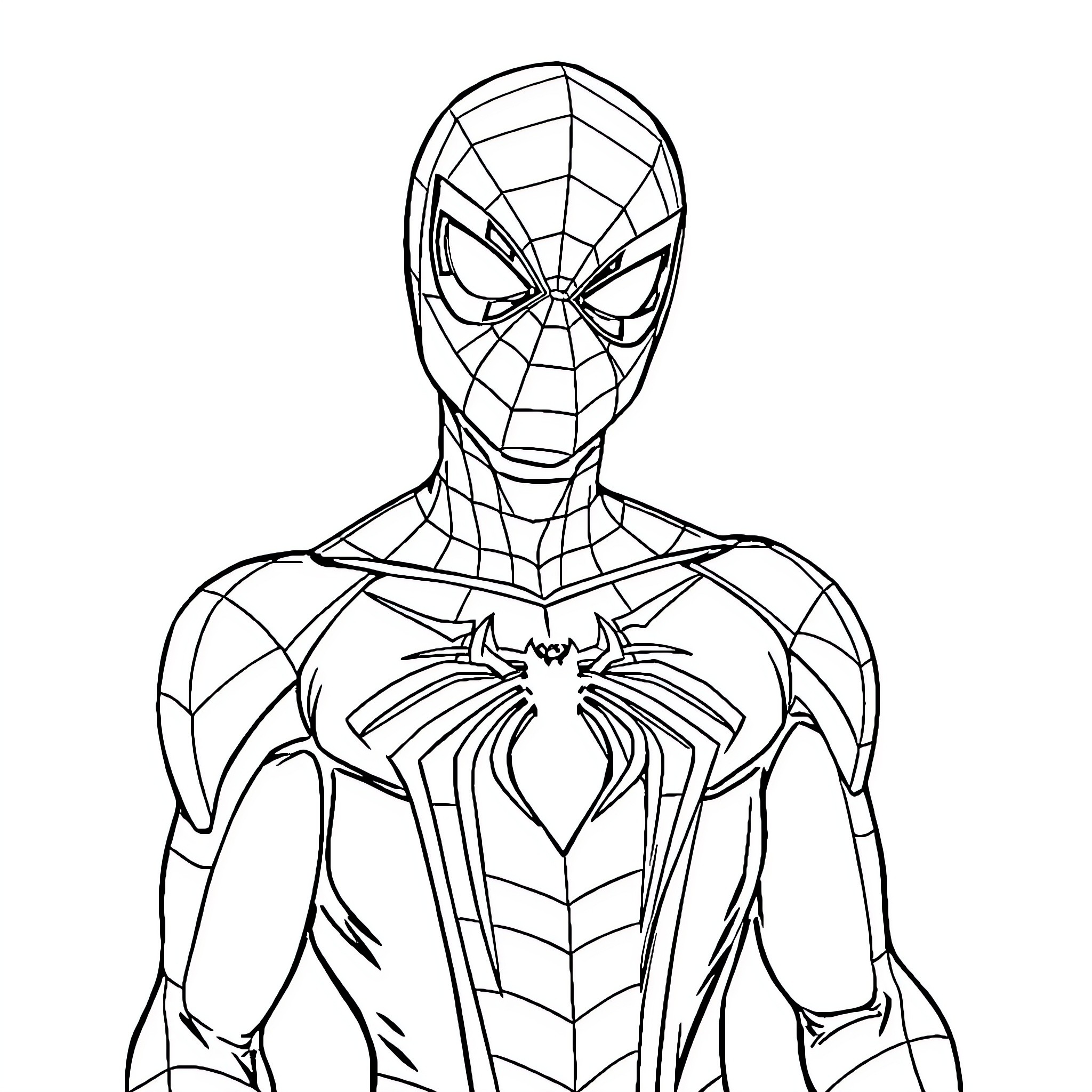 Spiderman in heroic pose with web design Coloring Page (free black-and-white line drawing printable PDF for all, from beginners to advanced learners, including children, teens, adults, and seniors)