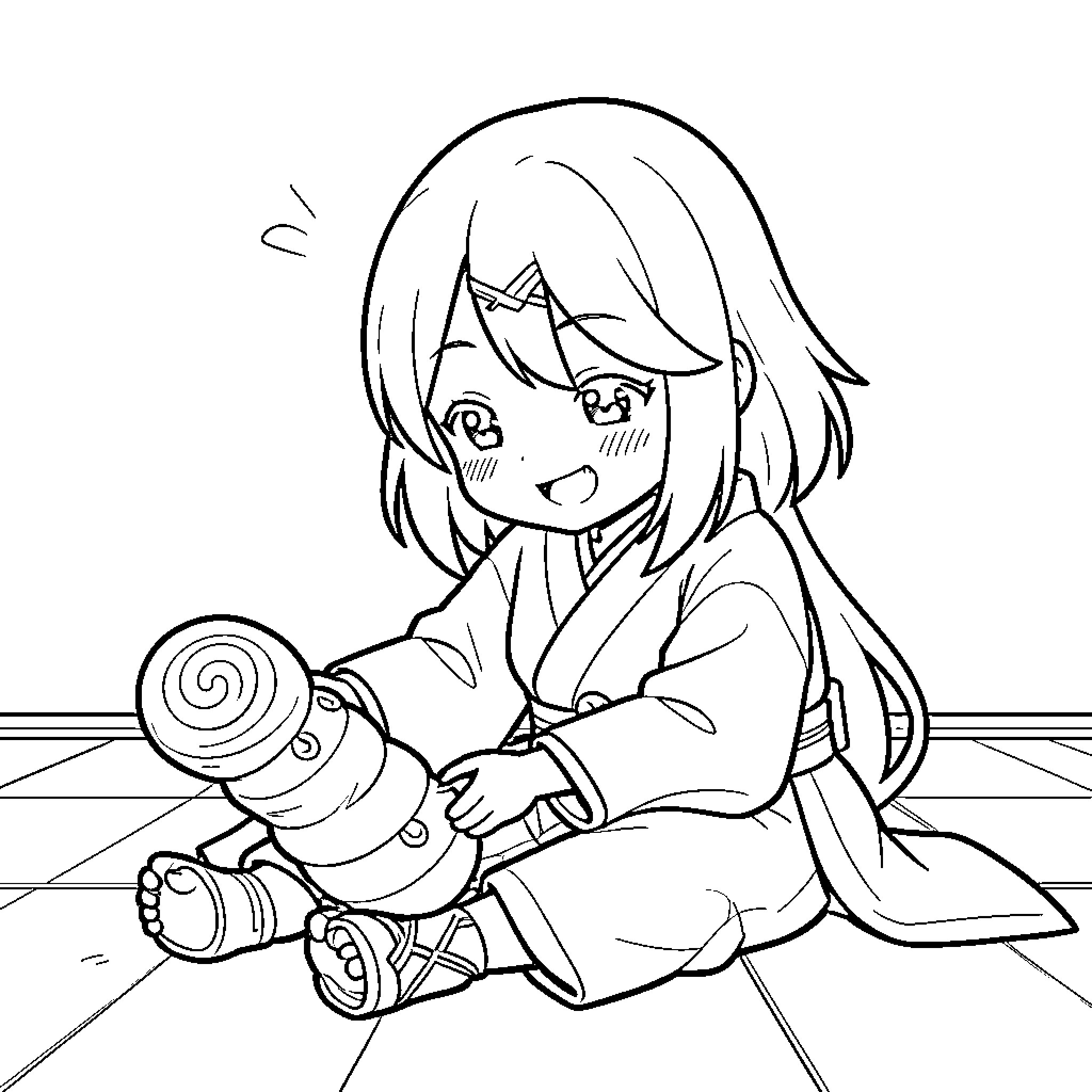Nezuko sitting and holding a large wooden mallet Coloring Page (free black-and-white line drawing printable PDF for all, from beginners to advanced learners, including children, teens, adults, and seniors)