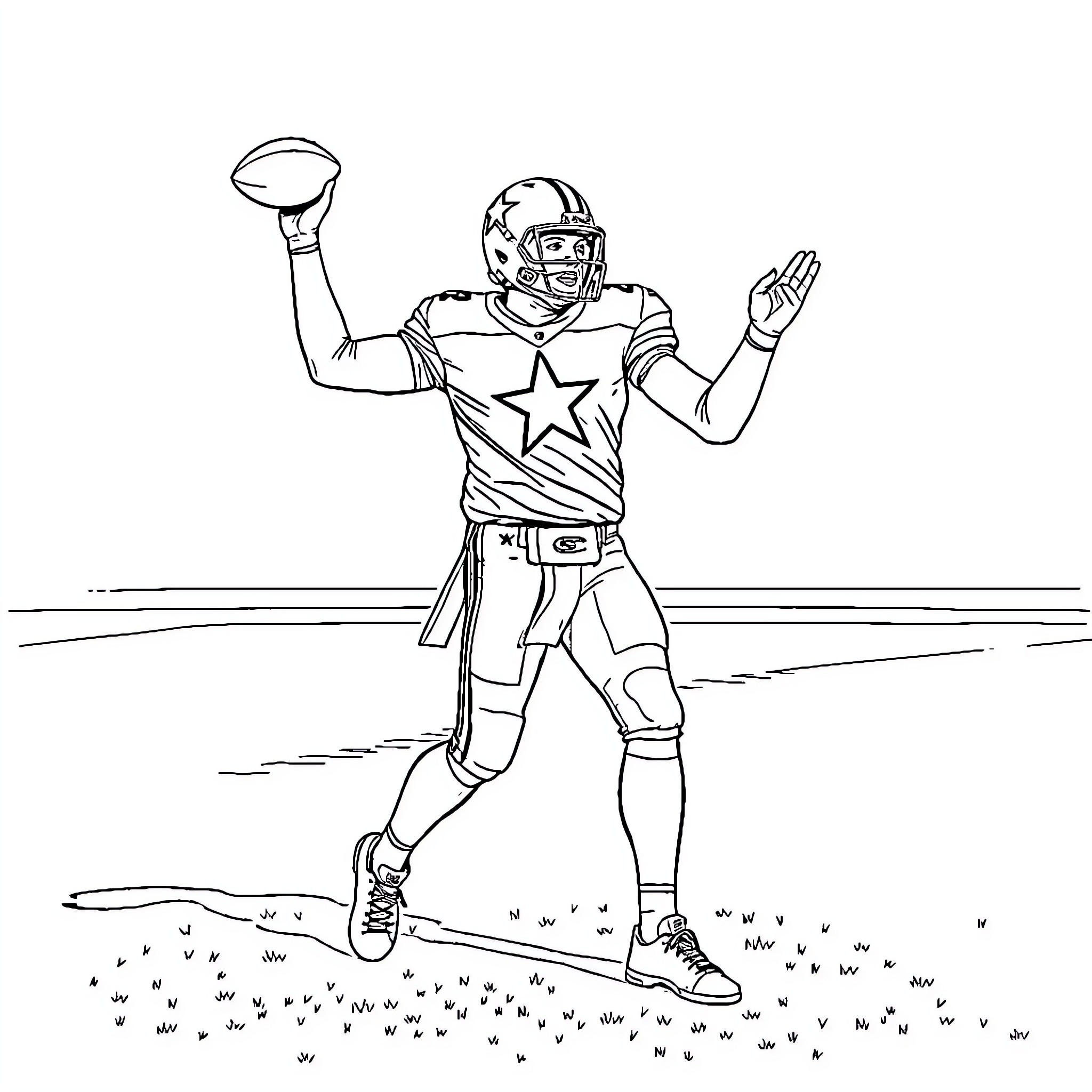 Dak Prescott celebrating touchdown on the field Coloring Page (free black-and-white line drawing printable PDF for all, from beginners to advanced learners, including children, teens, adults, and seniors)