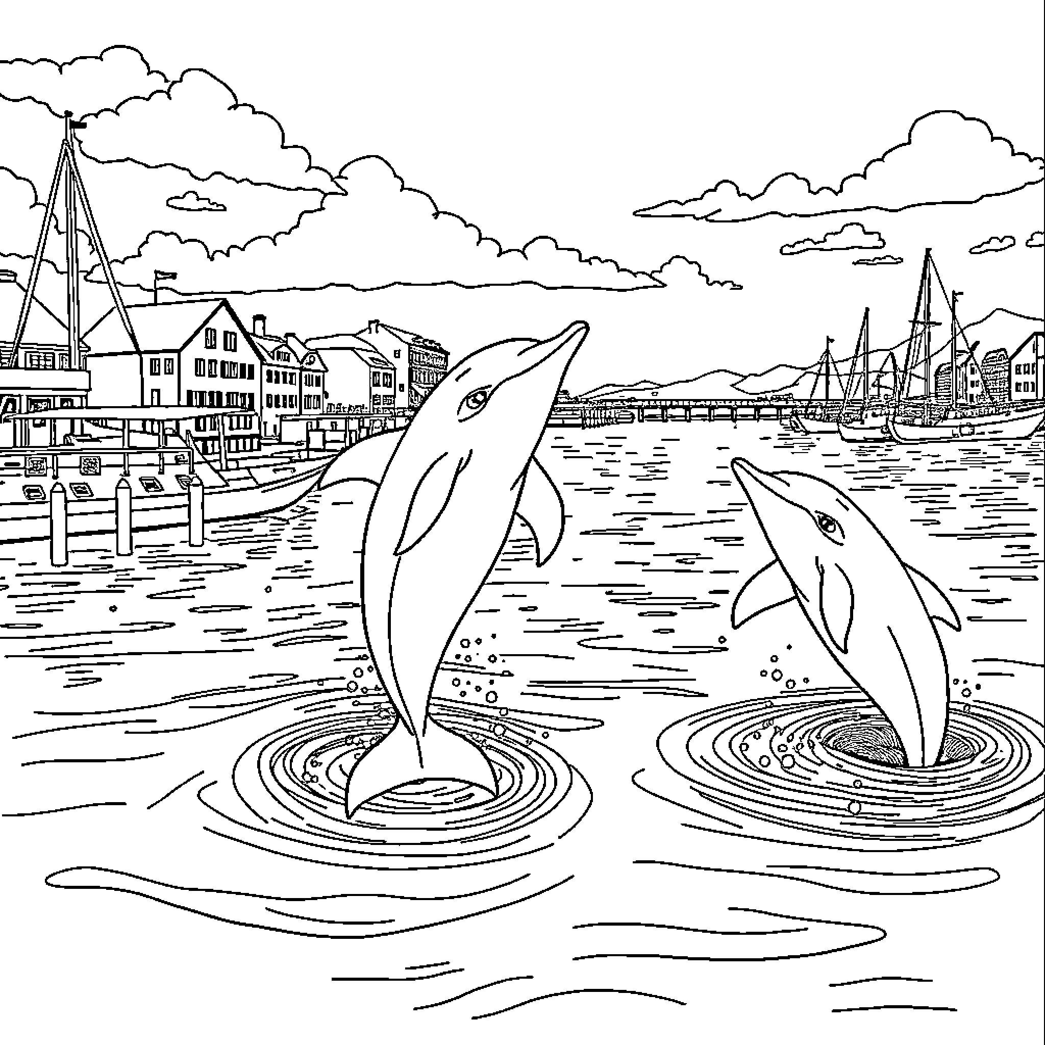 Dolphins playfully swimming in the harbor Coloring Page (free black-and-white line drawing printable PDF for all, from beginners to advanced learners, including children, teens, adults, and seniors)
