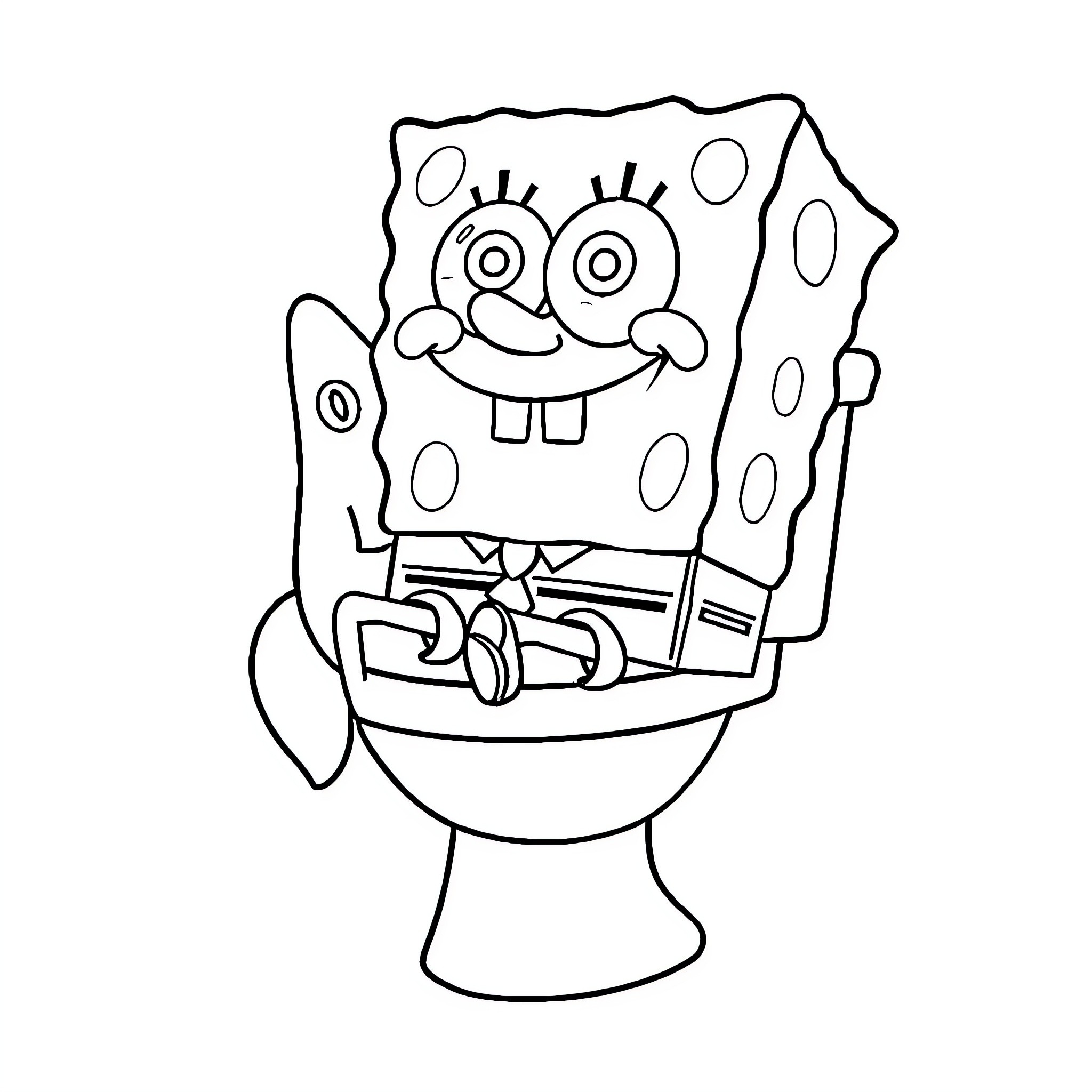 Spongebob sitting on a toilet Coloring Page (free black-and-white line drawing printable PDF for all, from beginners to advanced learners, including children, teens, adults, and seniors)