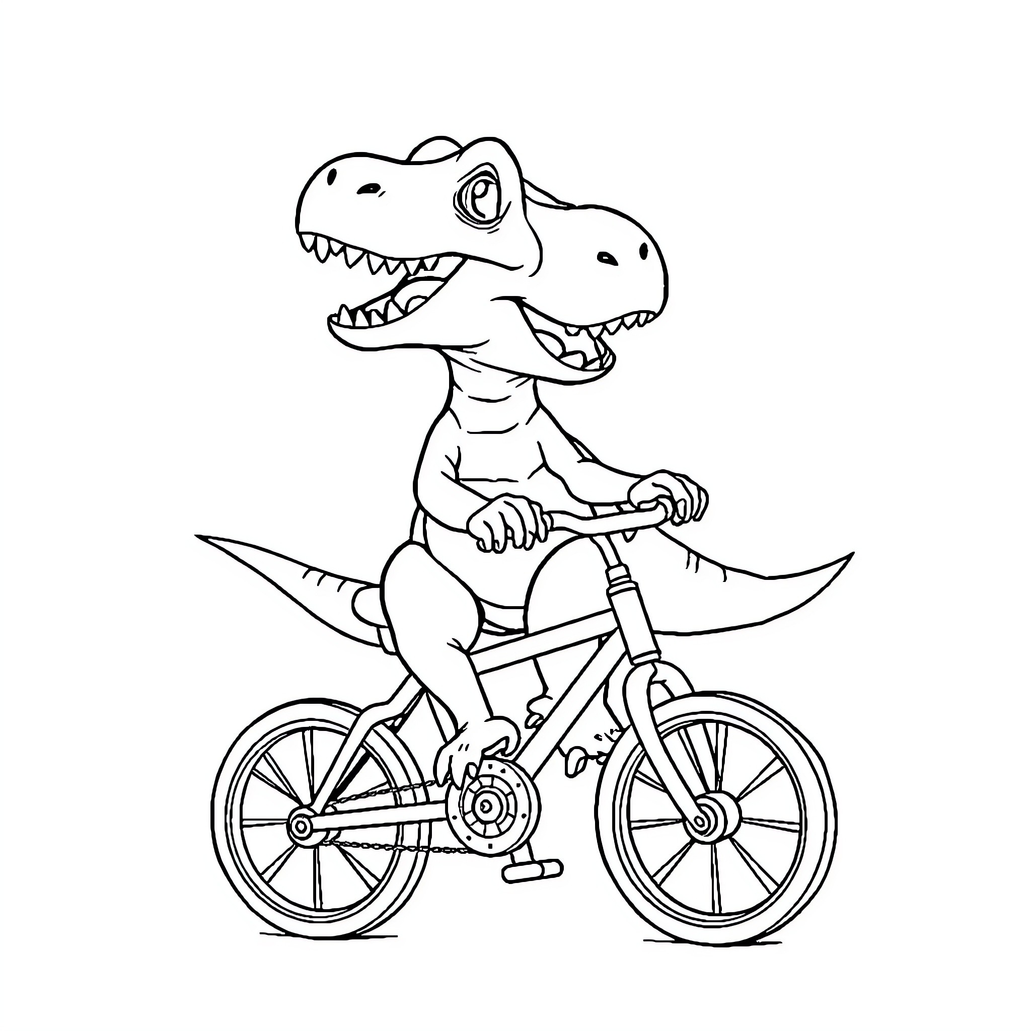 T-Rex riding a bicycle Coloring Page (free black-and-white line drawing printable PDF for all, from beginners to advanced learners, including children, teens, adults, and seniors)