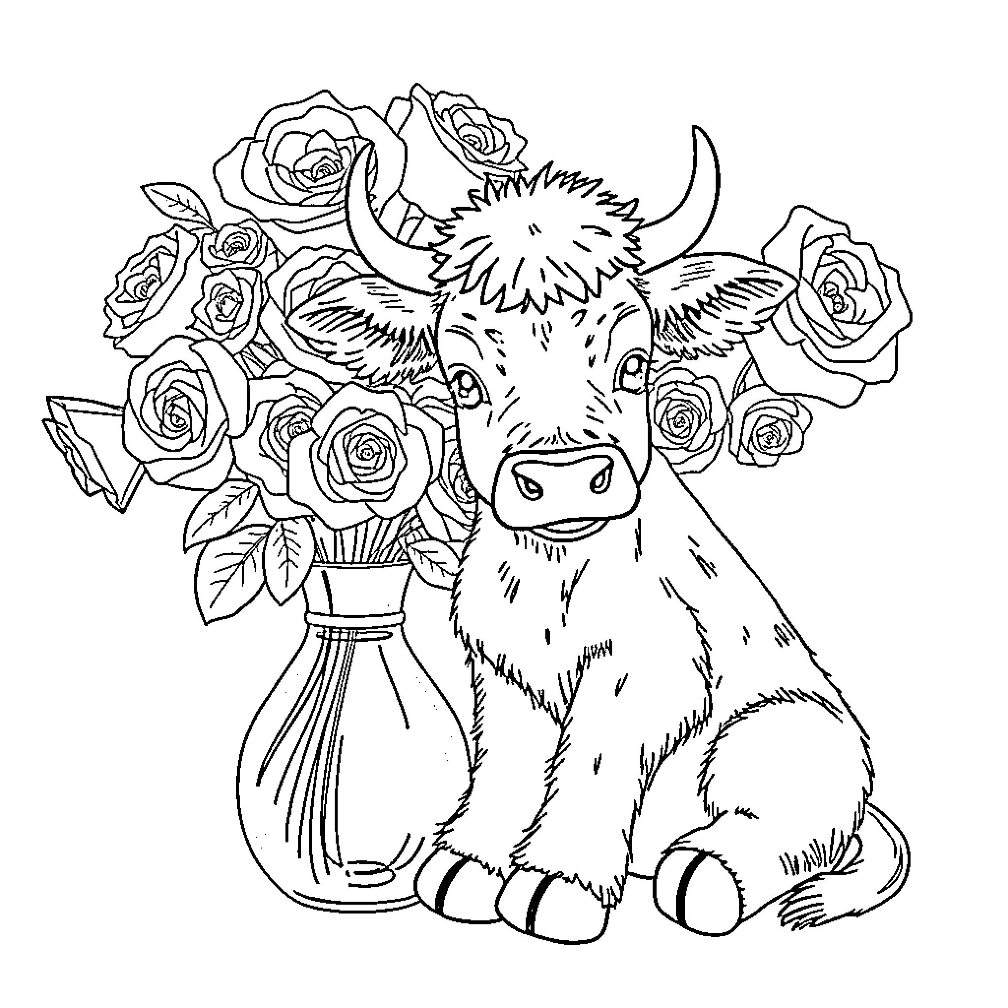 Highland Cow surrounded by beautiful roses Coloring Page (free black-and-white line drawing printable PDF for all, from beginners to advanced learners, including children, teens, adults, and seniors)