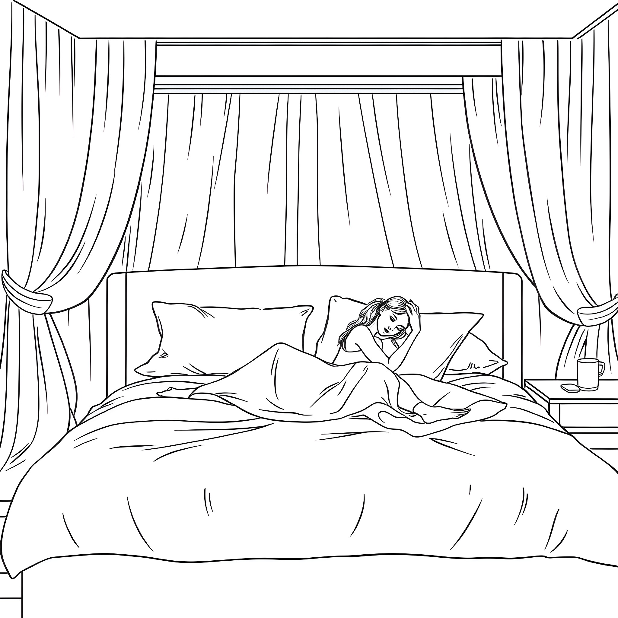 Woman relaxing on a cozy bed in a bedroom Coloring Page (free black-and-white line drawing printable PDF for all, from beginners to advanced learners, including children, teens, adults, and seniors)