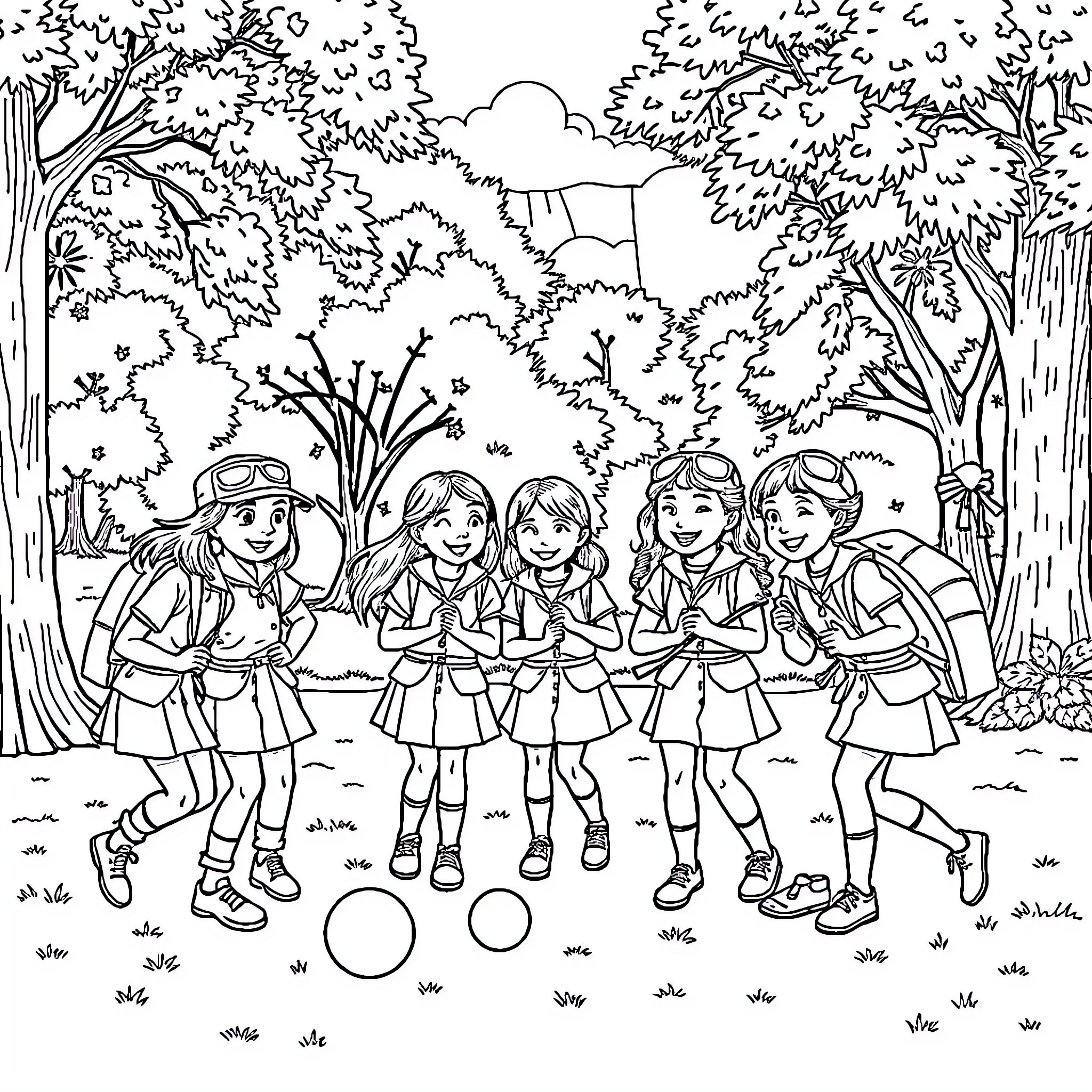 Girlguiding Brownies engaged in outdoor activities Coloring Page (free black-and-white line drawing printable PDF for all, from beginners to advanced learners, including children, teens, adults, and seniors)