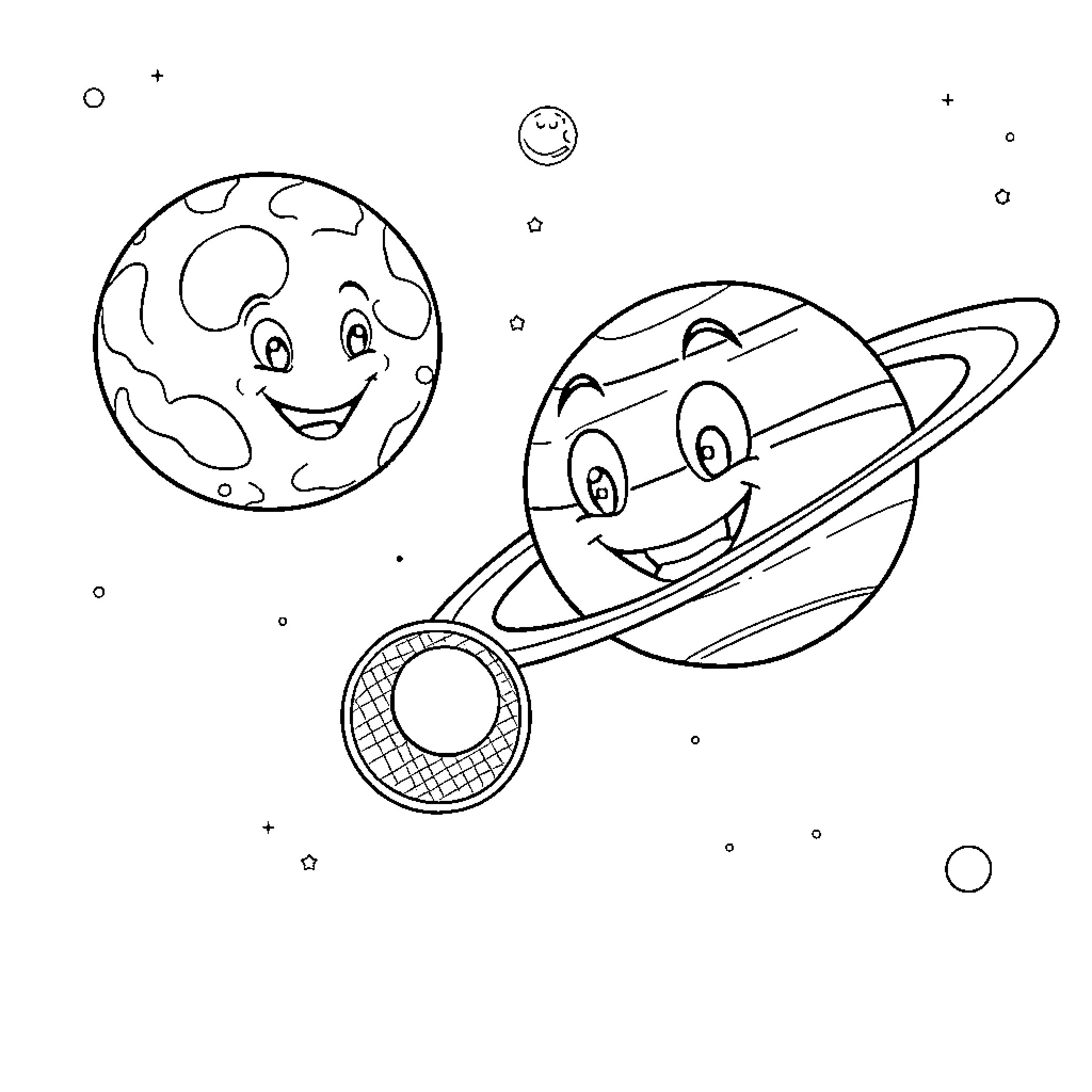 Saturn planets playing in space Coloring Page (free black-and-white line drawing printable PDF for all, from beginners to advanced learners, including children, teens, adults, and seniors)