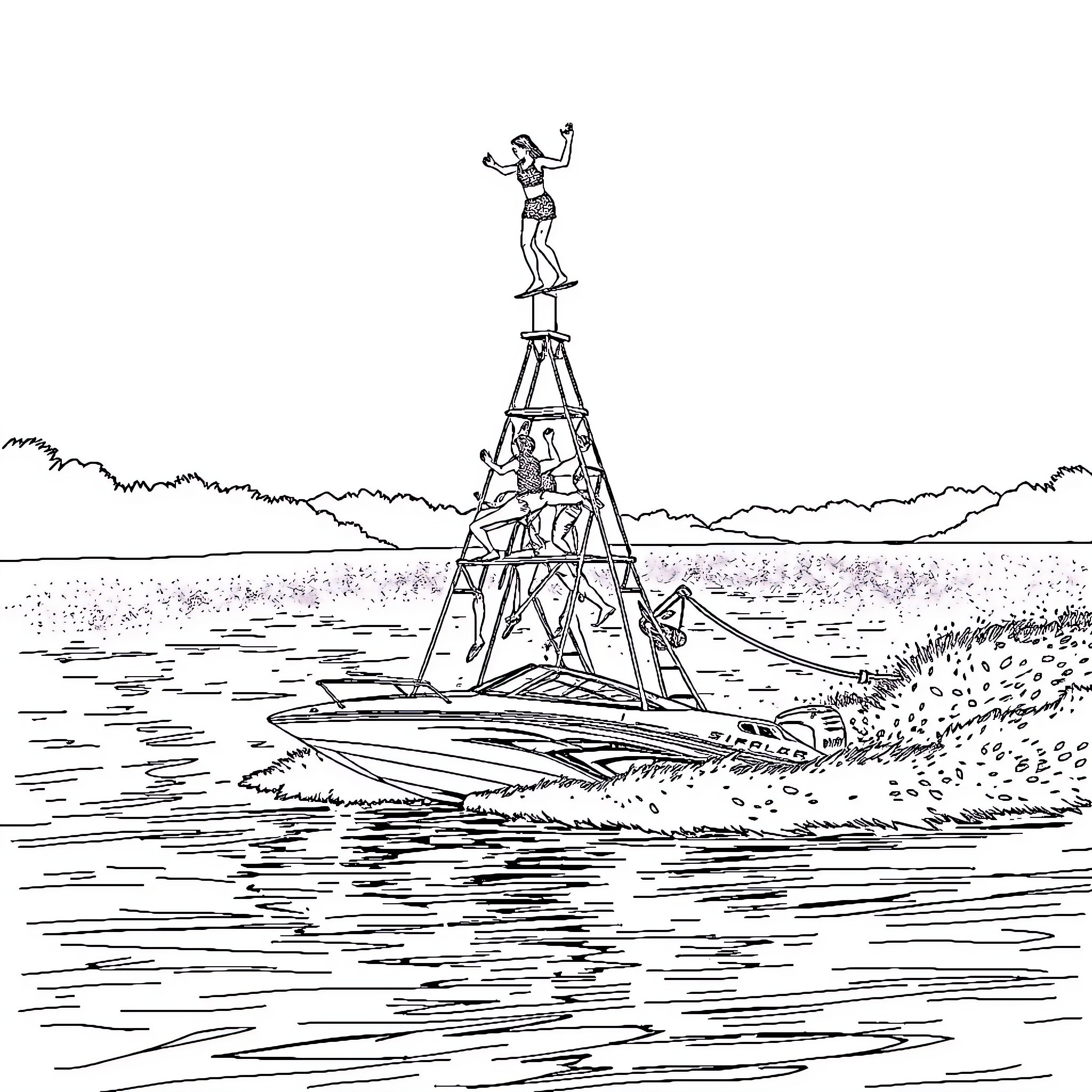 Human balancing on a rickety wooden structure over water Coloring Page (free black-and-white line drawing printable PDF for all, from beginners to advanced learners, including children, teens, adults, and seniors)