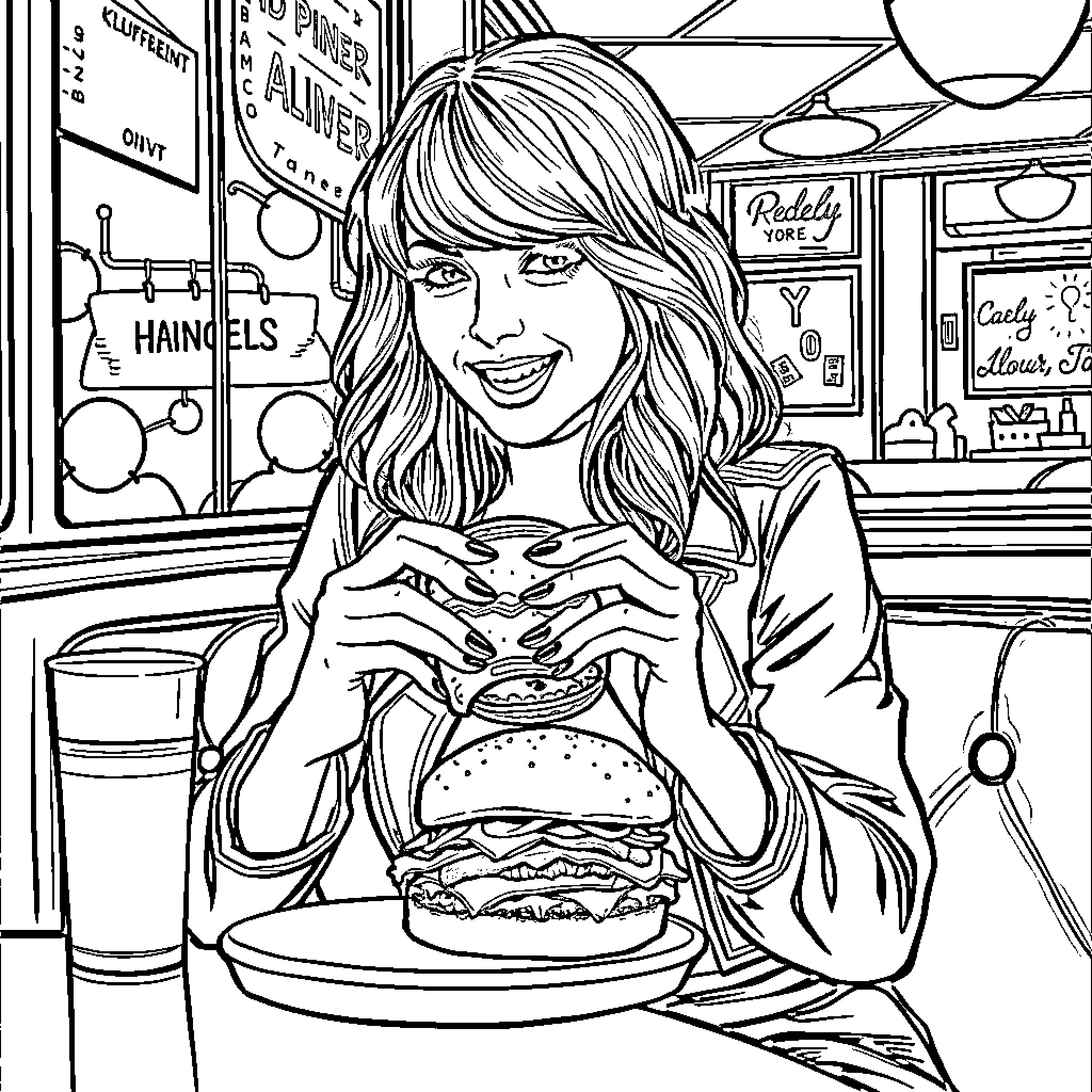 Taylor Swift enjoying a delicious burger at a diner Coloring Page (free black-and-white line drawing printable PDF for all, from beginners to advanced learners, including children, teens, adults, and seniors)