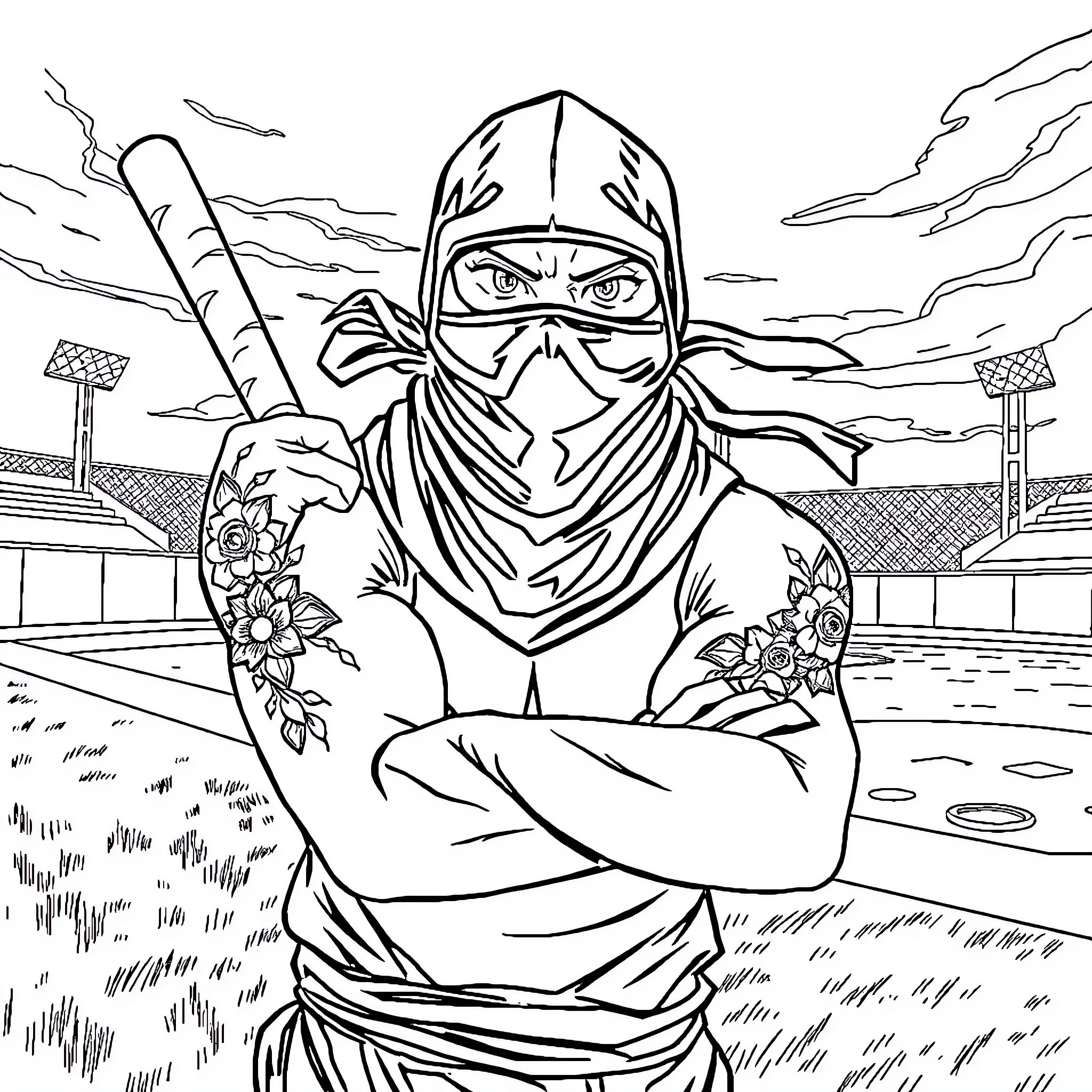 Ninja warrior in combat stance amid battlefield Coloring Page (free black-and-white line drawing printable PDF for all, from beginners to advanced learners, including children, teens, adults, and seniors)