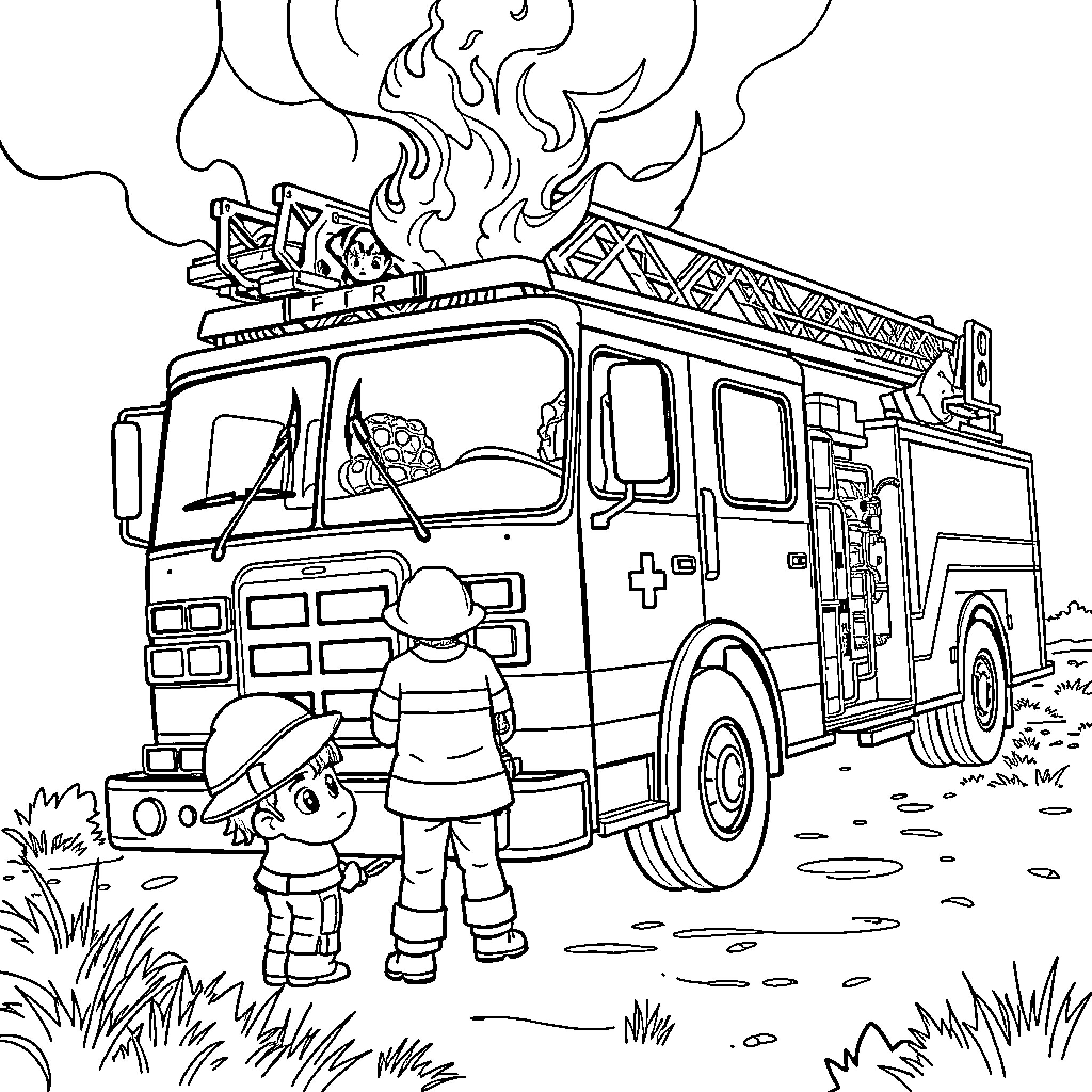 Firefighter responding to an emergency call Coloring Page (free black-and-white line drawing printable PDF for all, from beginners to advanced learners, including children, teens, adults, and seniors)