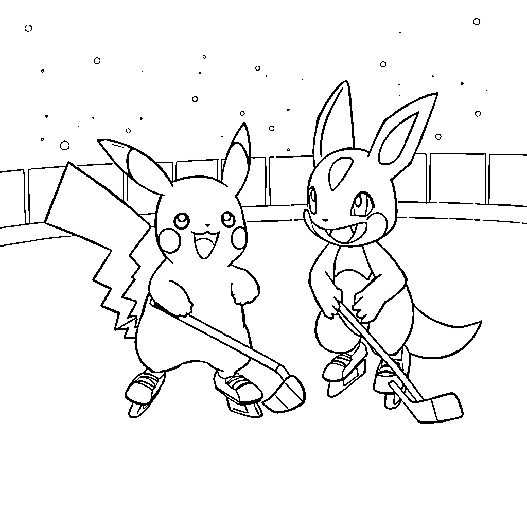 Pikachu and Bunny Playing Hockey Coloring Page (free black-and-white line drawing printable PDF for all, from beginners to advanced learners, including children, teens, adults, and seniors)