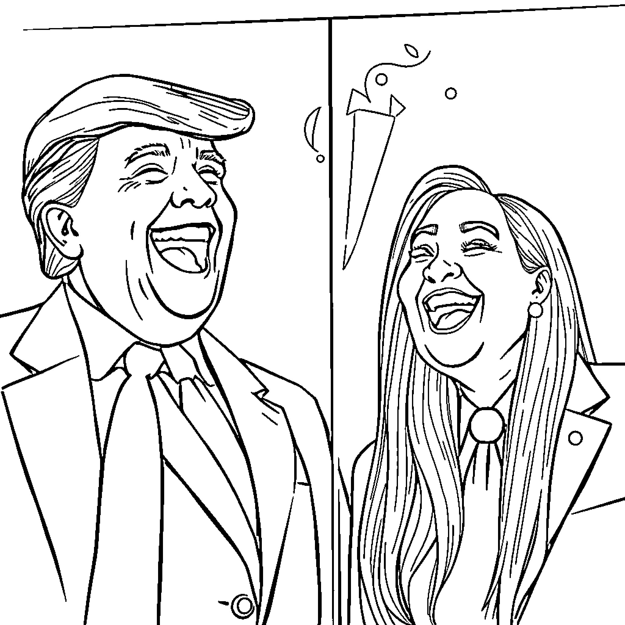Trump and Companion Laughing Animatedly Coloring Page (free black-and-white line drawing printable PDF for all, from beginners to advanced learners, including children, teens, adults, and seniors)