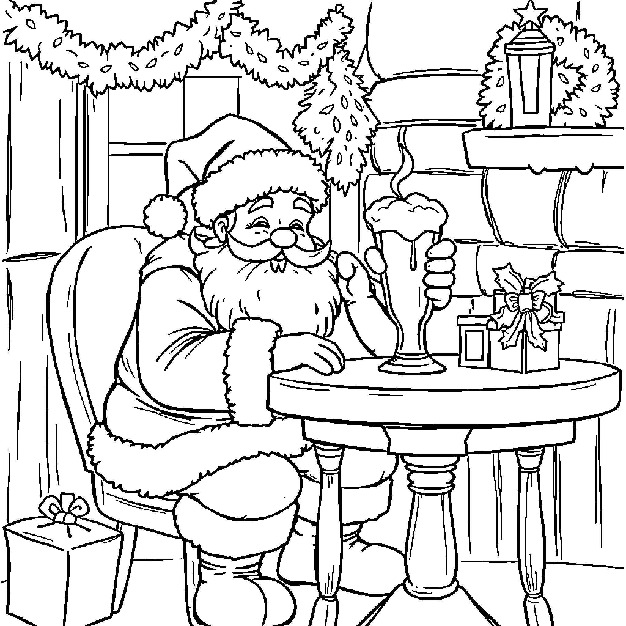 Santa enjoying hot chocolate by the fireplace Coloring Page (free black-and-white line drawing printable PDF for all, from beginners to advanced learners, including children, teens, adults, and seniors)
