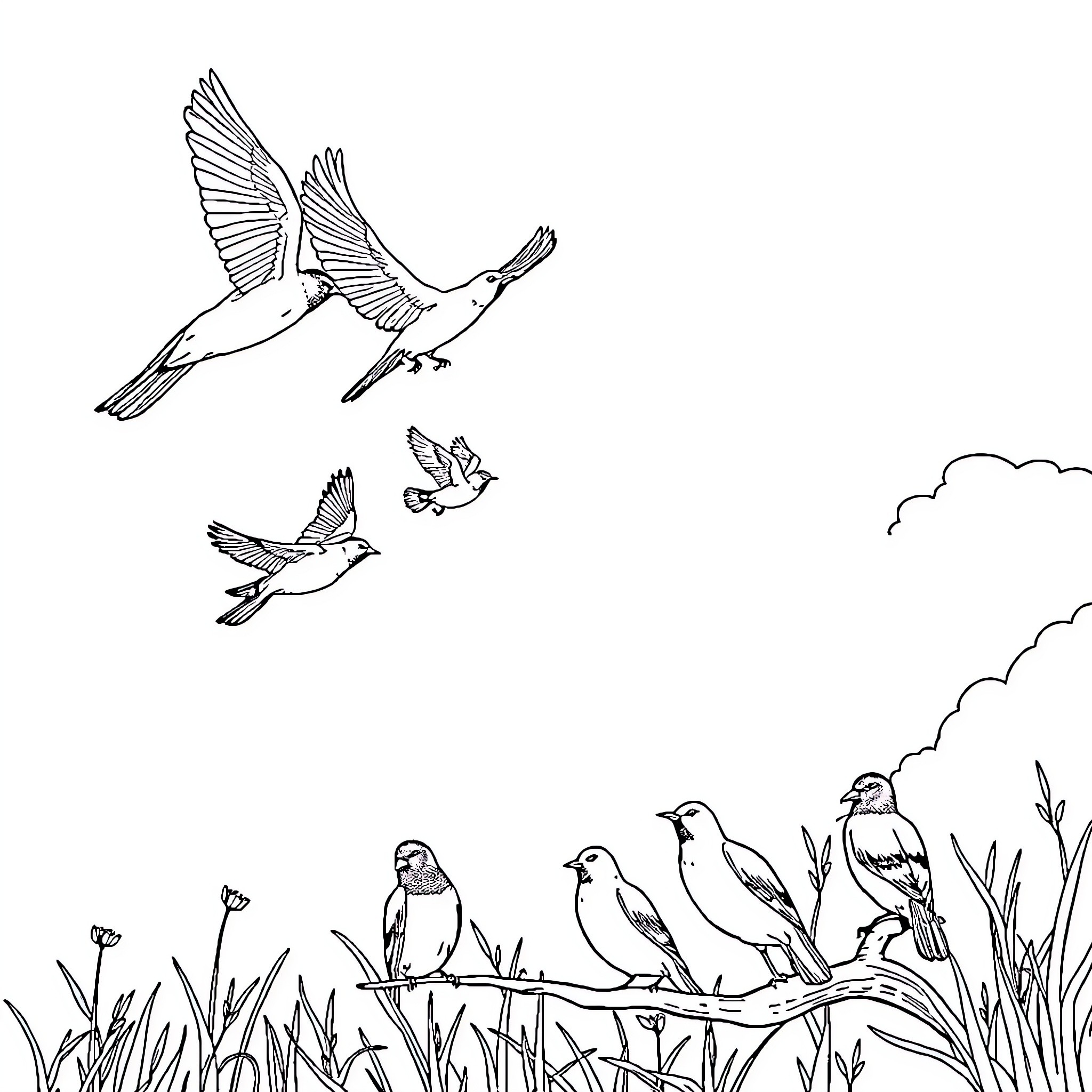 Mike Tyson and birds in a natural setting Coloring Page (free black-and-white line drawing printable PDF for all, from beginners to advanced learners, including children, teens, adults, and seniors)