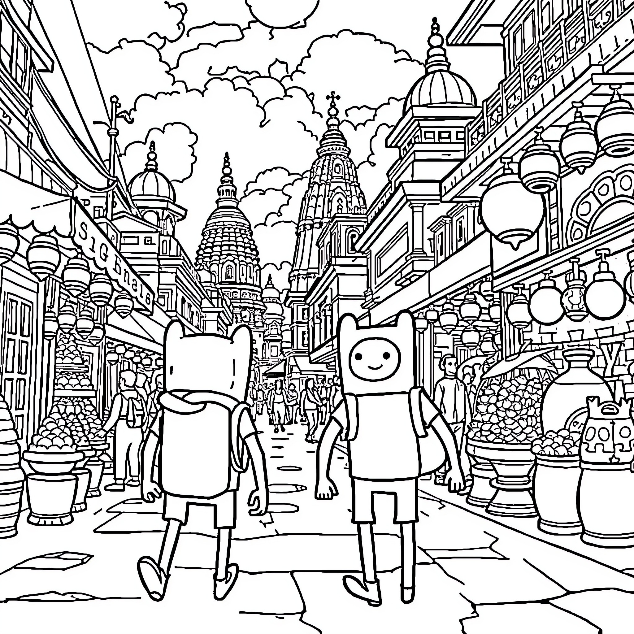Finn and Jake explore the colorful city streets Coloring Page (free black-and-white line drawing printable PDF for all, from beginners to advanced learners, including children, teens, adults, and seniors)
