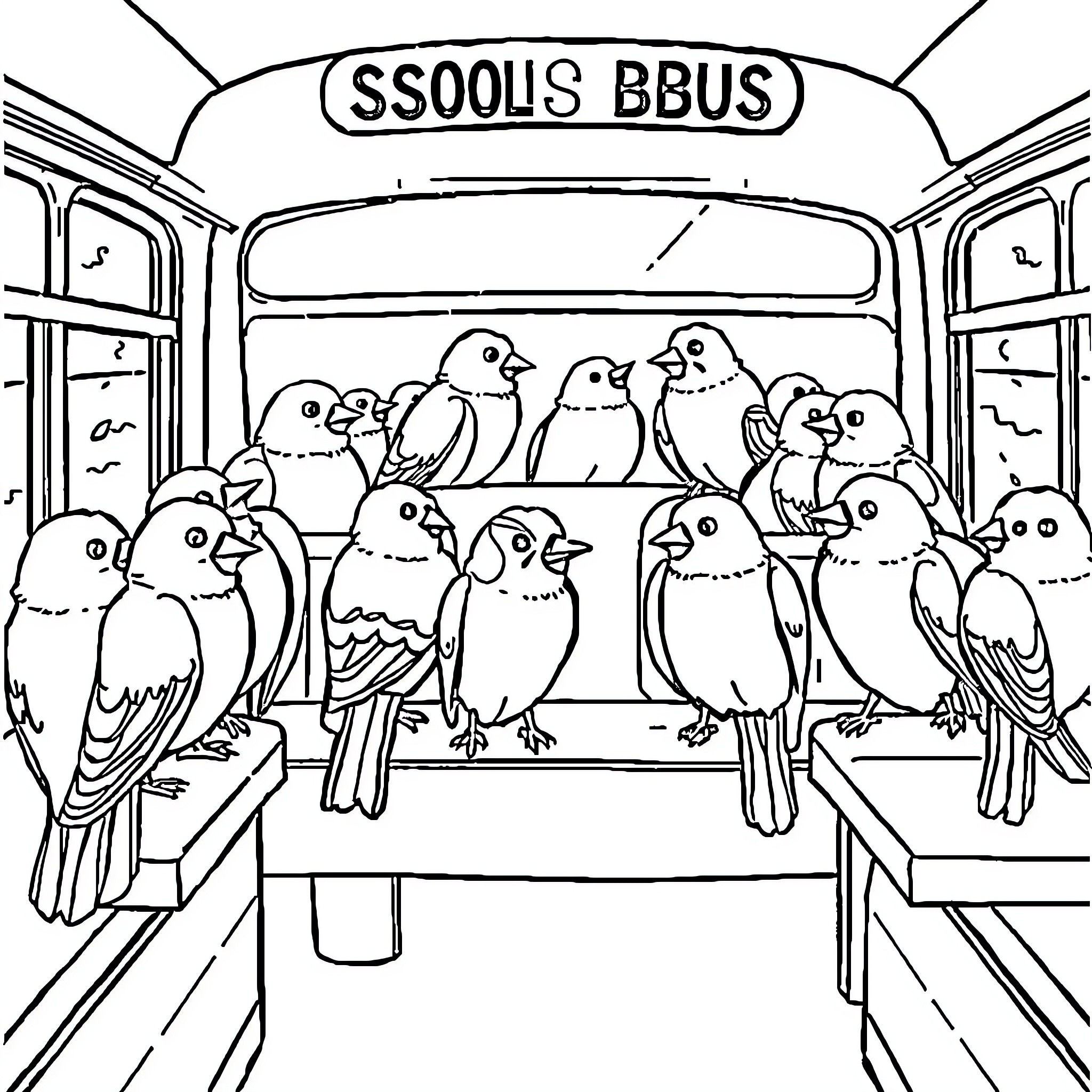 Bird passengers on the school bus Coloring Page (free black-and-white line drawing printable PDF for all, from beginners to advanced learners, including children, teens, adults, and seniors)