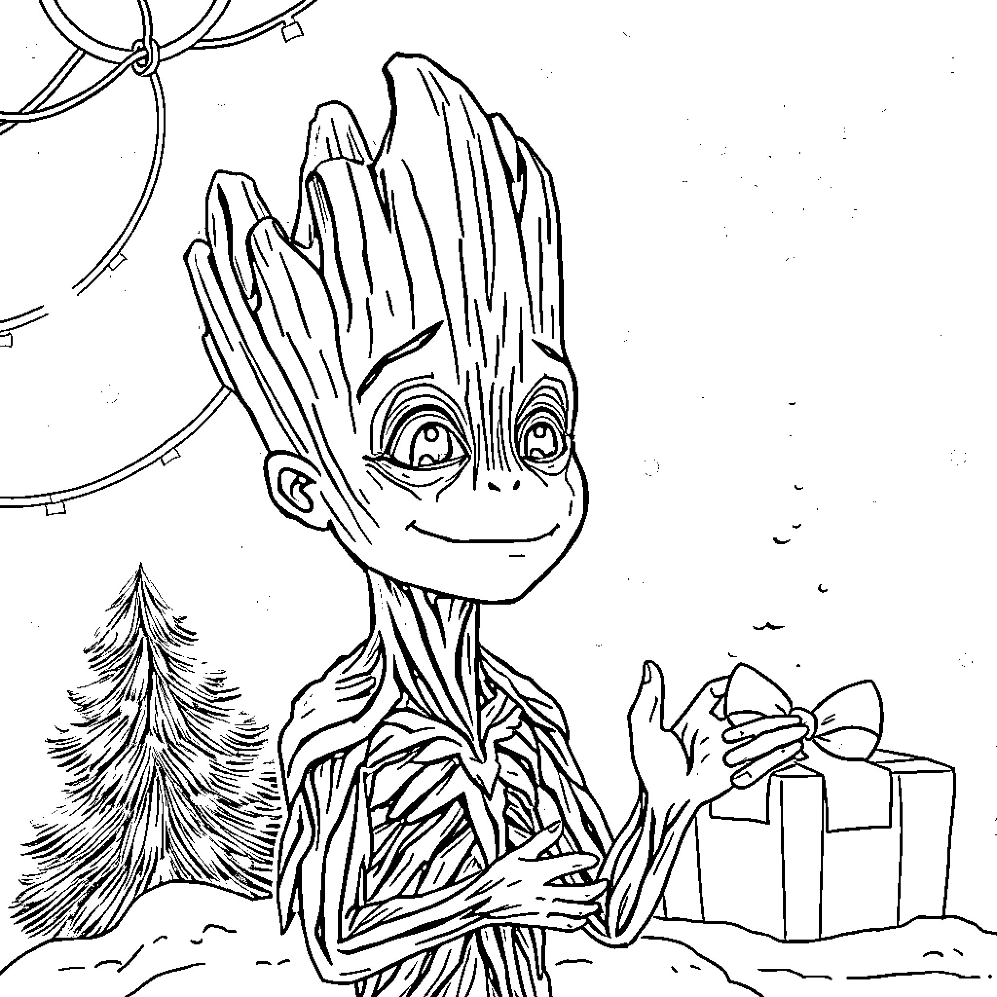 Groot celebrating with a gift in the winter forest Coloring Page (free black-and-white line drawing printable PDF for all, from beginners to advanced learners, including children, teens, adults, and seniors)