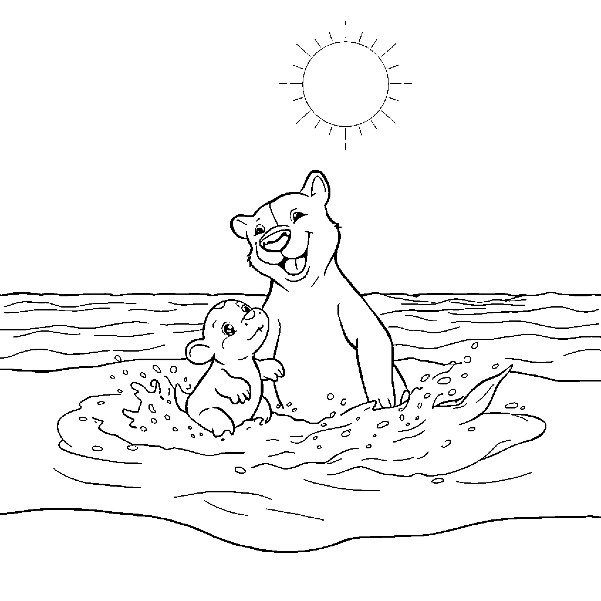 Dog happily playing in the sun at the beach Coloring Page (free black-and-white line drawing printable PDF for all, from beginners to advanced learners, including children, teens, adults, and seniors)