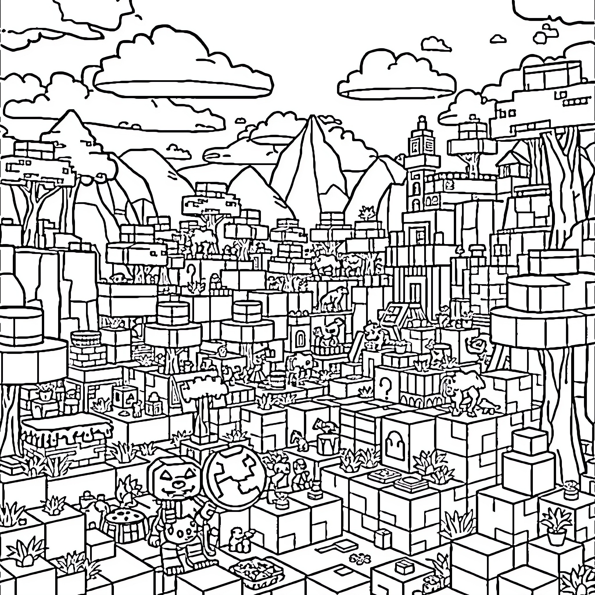 Minecraft characters in a vibrant, diverse city landscape Coloring Page (free black-and-white line drawing printable PDF for all, from beginners to advanced learners, including children, teens, adults, and seniors)