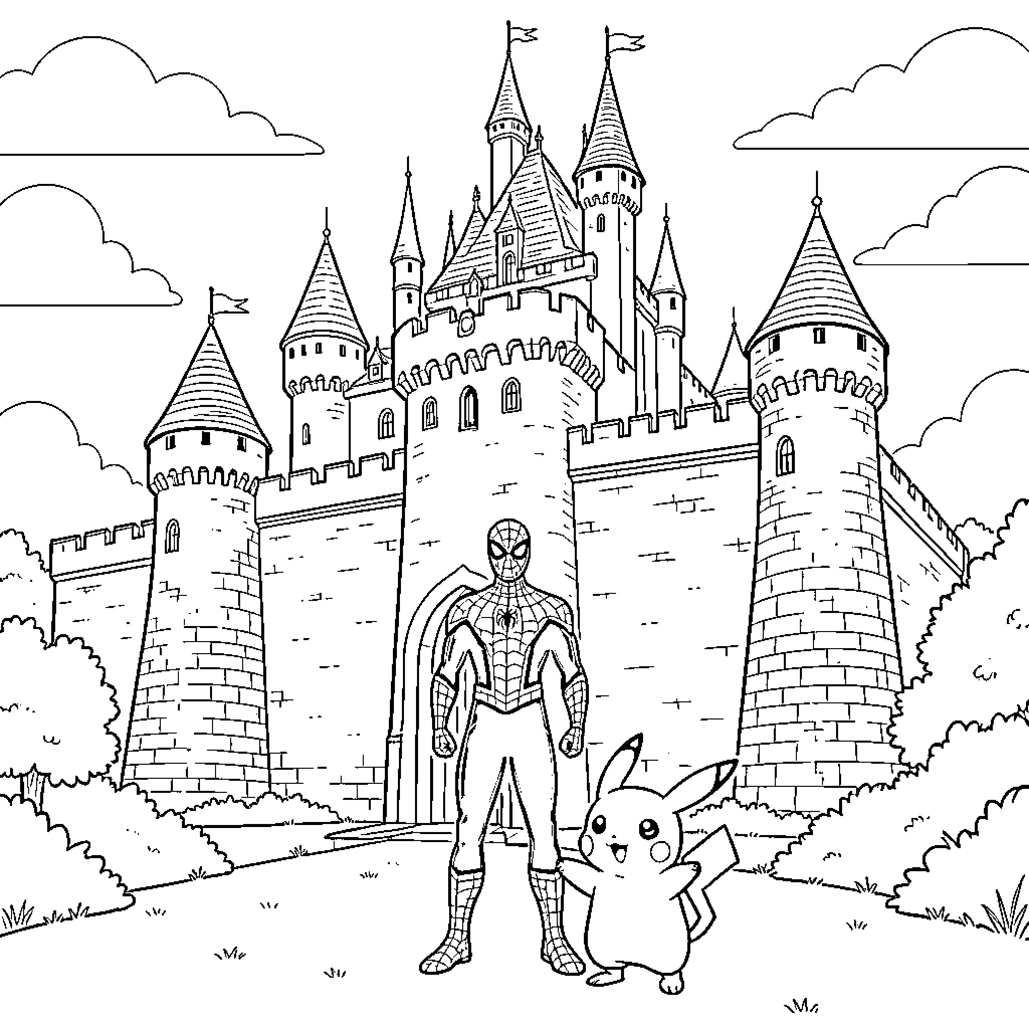 Spiderman standing heroically with Pikachu in front of a castle Coloring Page (free black-and-white line drawing printable PDF for all, from beginners to advanced learners, including children, teens, adults, and seniors)