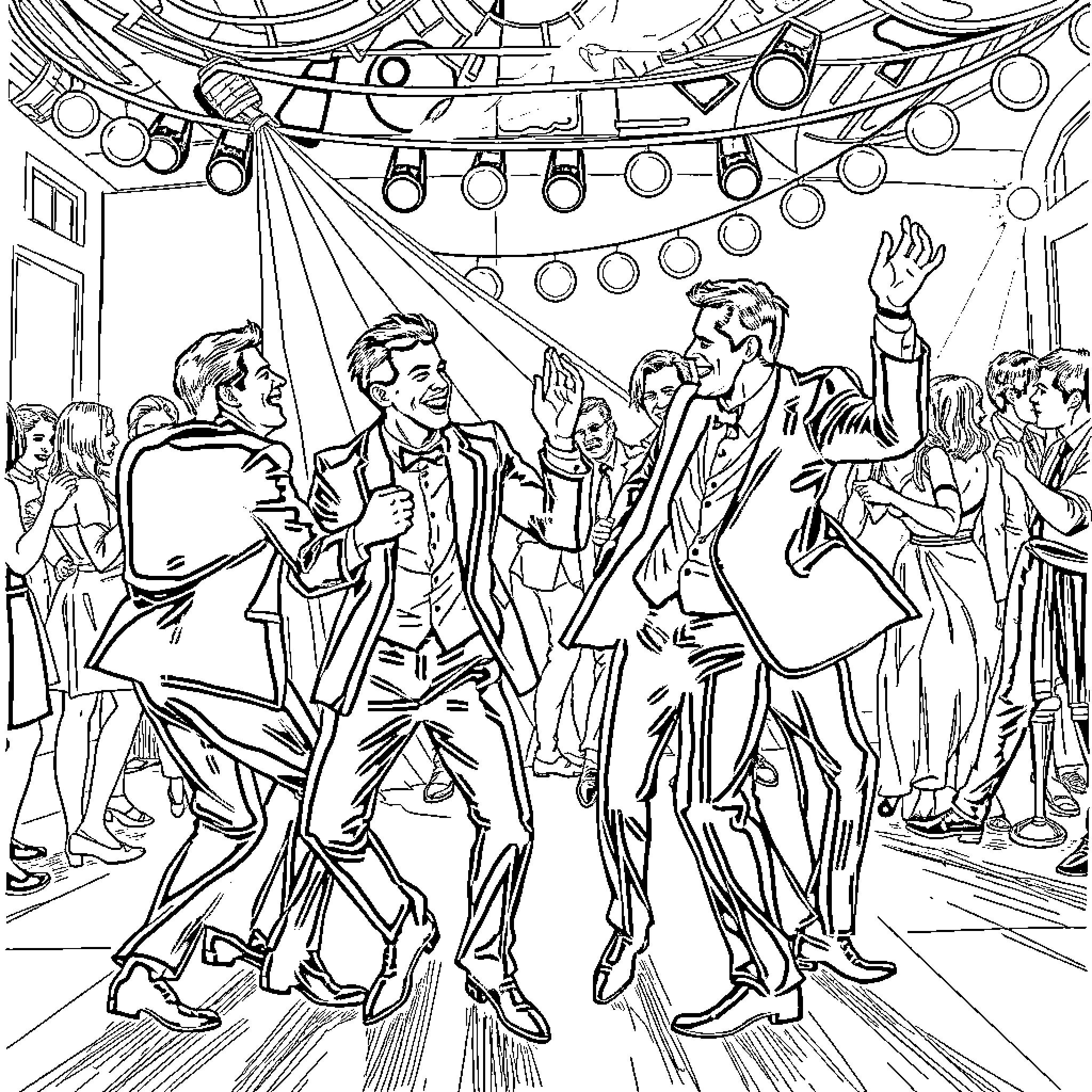 Man Dancing Joyfully at a Party Coloring Page (free black-and-white line drawing printable PDF for all, from beginners to advanced learners, including children, teens, adults, and seniors)