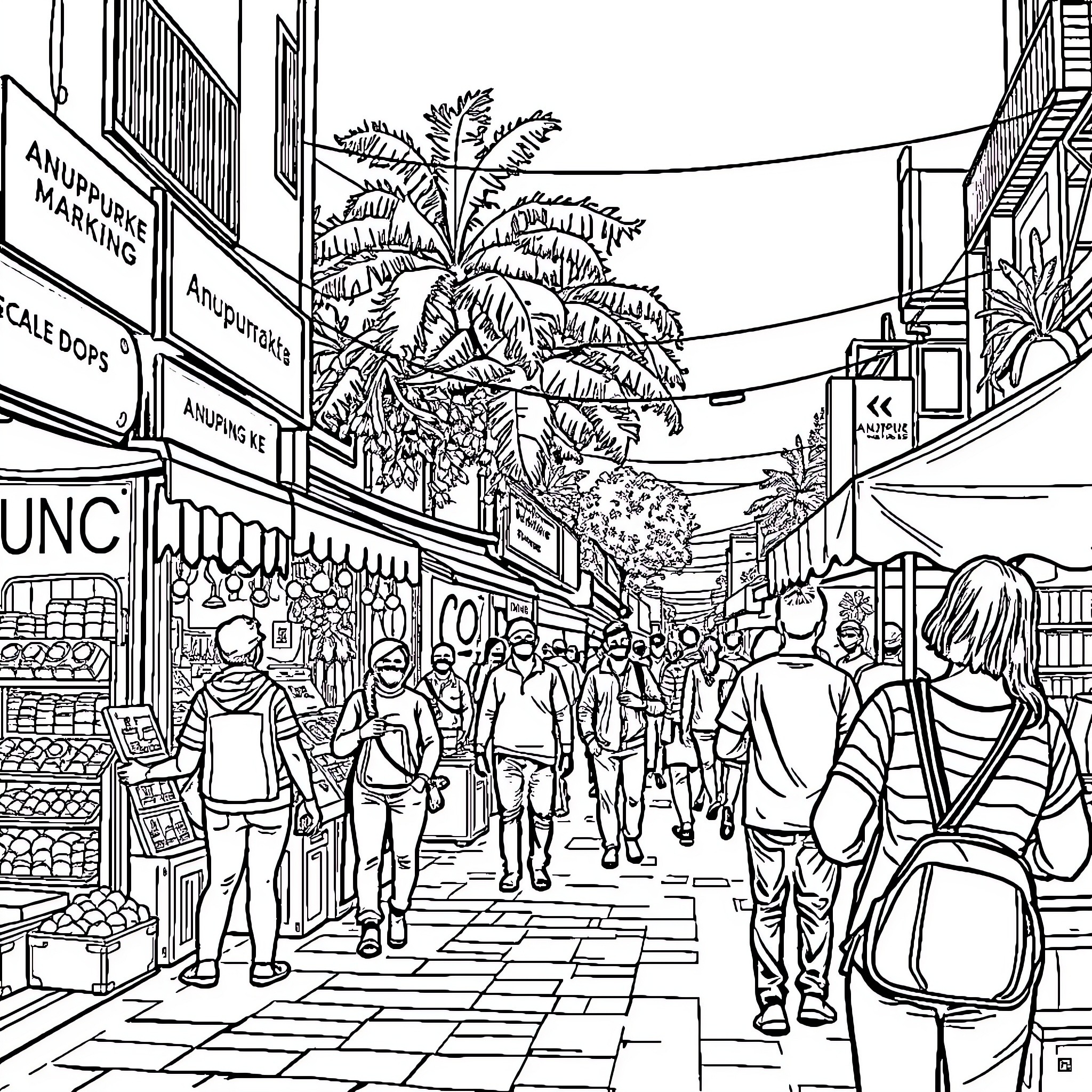 Anuppur marketplace bustling with people and shops Coloring Page (free black-and-white line drawing printable PDF for all, from beginners to advanced learners, including children, teens, adults, and seniors)