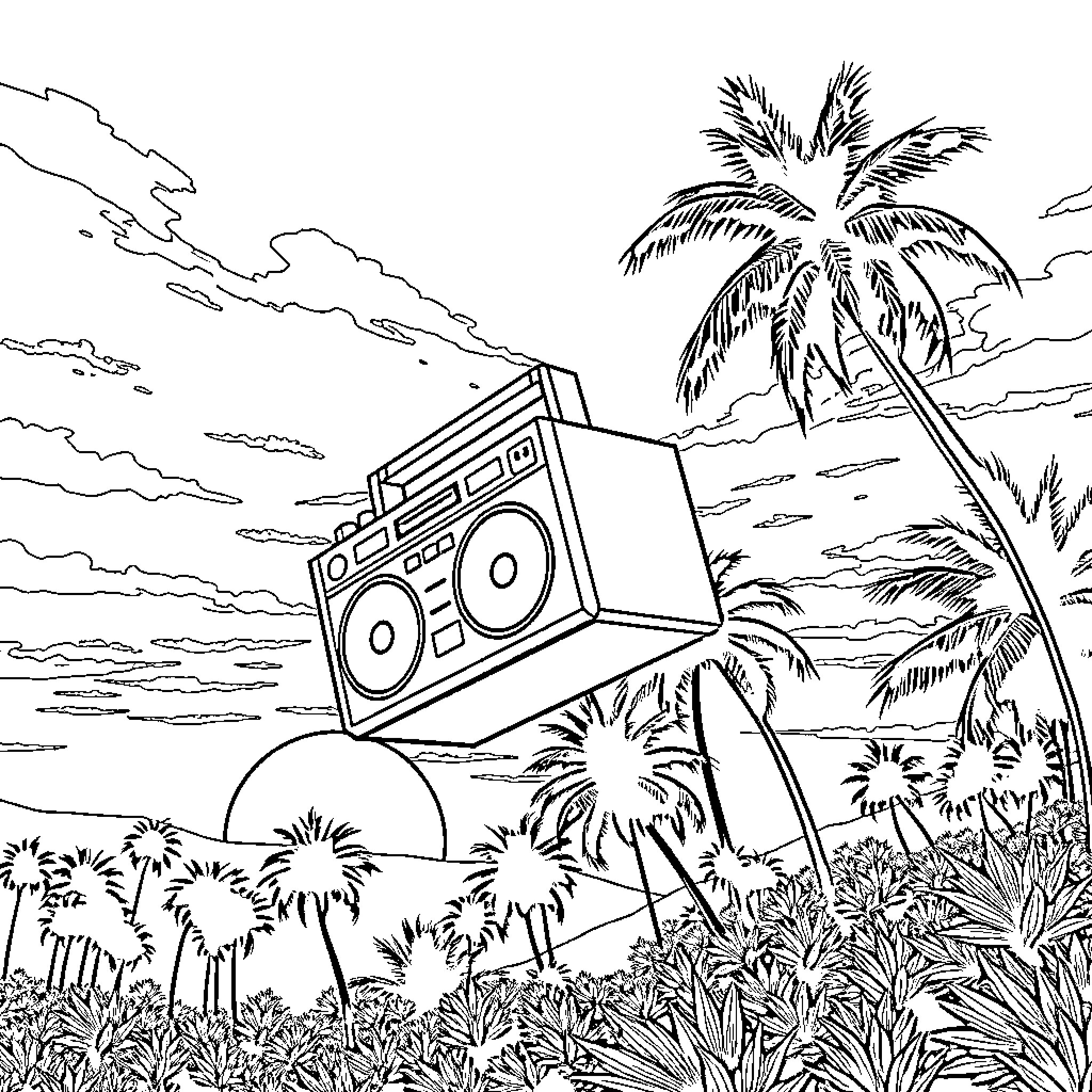 Boombox in a tropical paradise Coloring Page (free black-and-white line drawing printable PDF for all, from beginners to advanced learners, including children, teens, adults, and seniors)