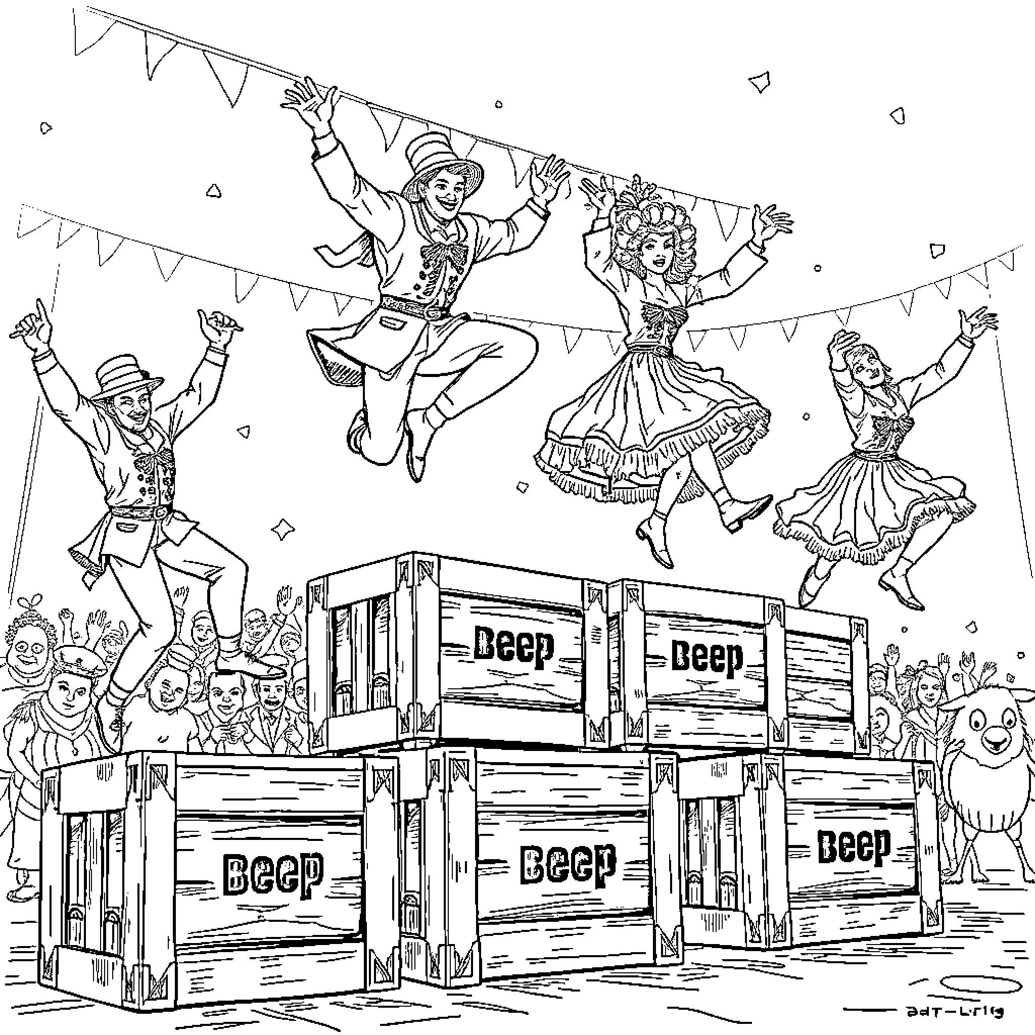 Circus Artist Performers Celebrate with Festive Decor Coloring Page (free black-and-white line drawing printable PDF for all, from beginners to advanced learners, including children, teens, adults, and seniors)